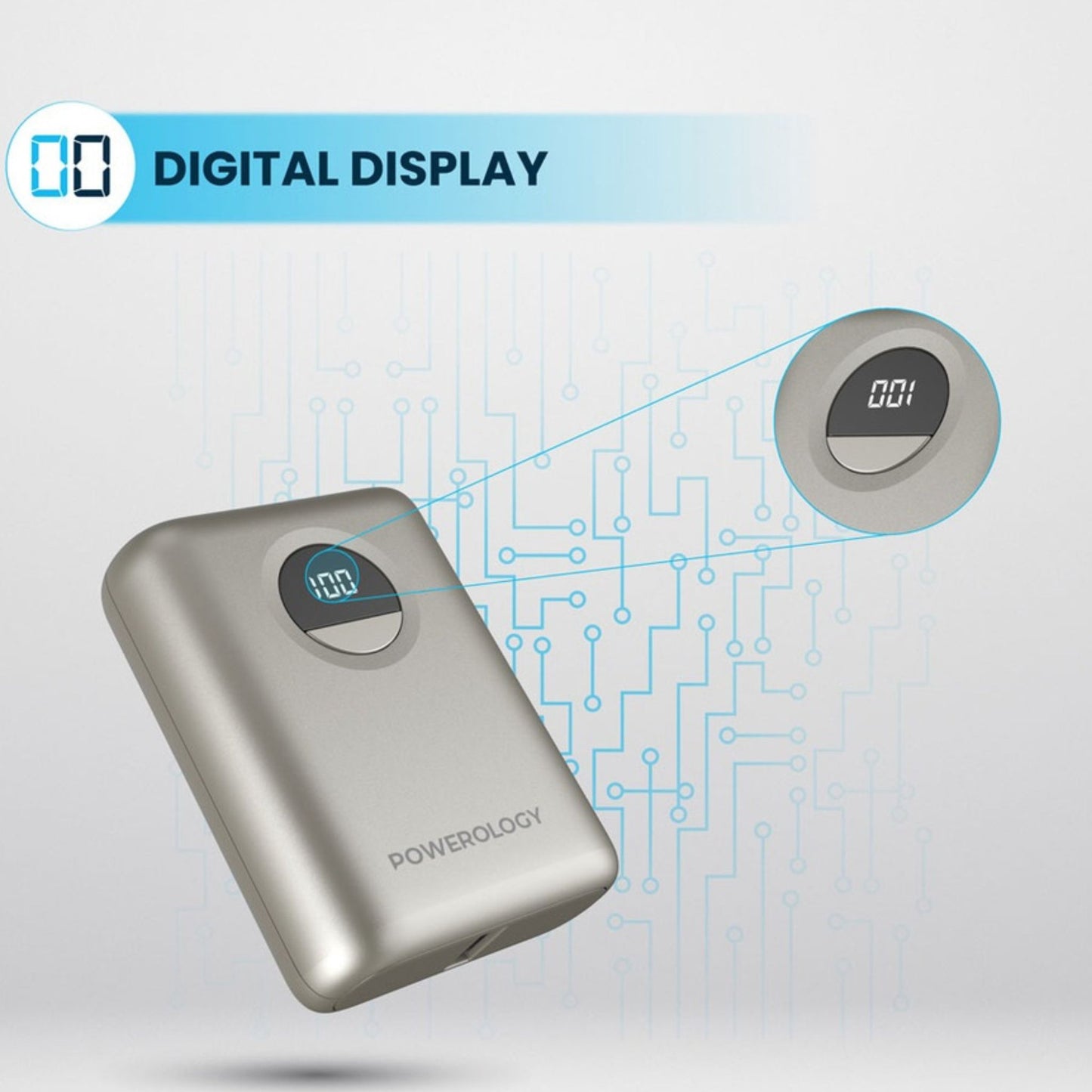POWEROLOGY 10000mAh Power Bank with PD 20W, Power Dash 3.0, Ultra Compact & Light Design, Digital Display - Titanium
