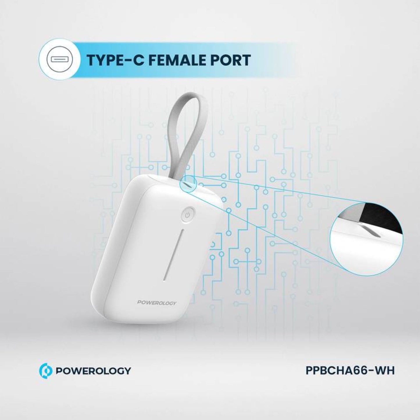 Powerology 10000mAh Power Bank with Detachable USB-C Wire, 20W Power Delivery, 3-Device Charging, Long Time Standby, Universal Phone Compatibility, Built-in Safeguards - White