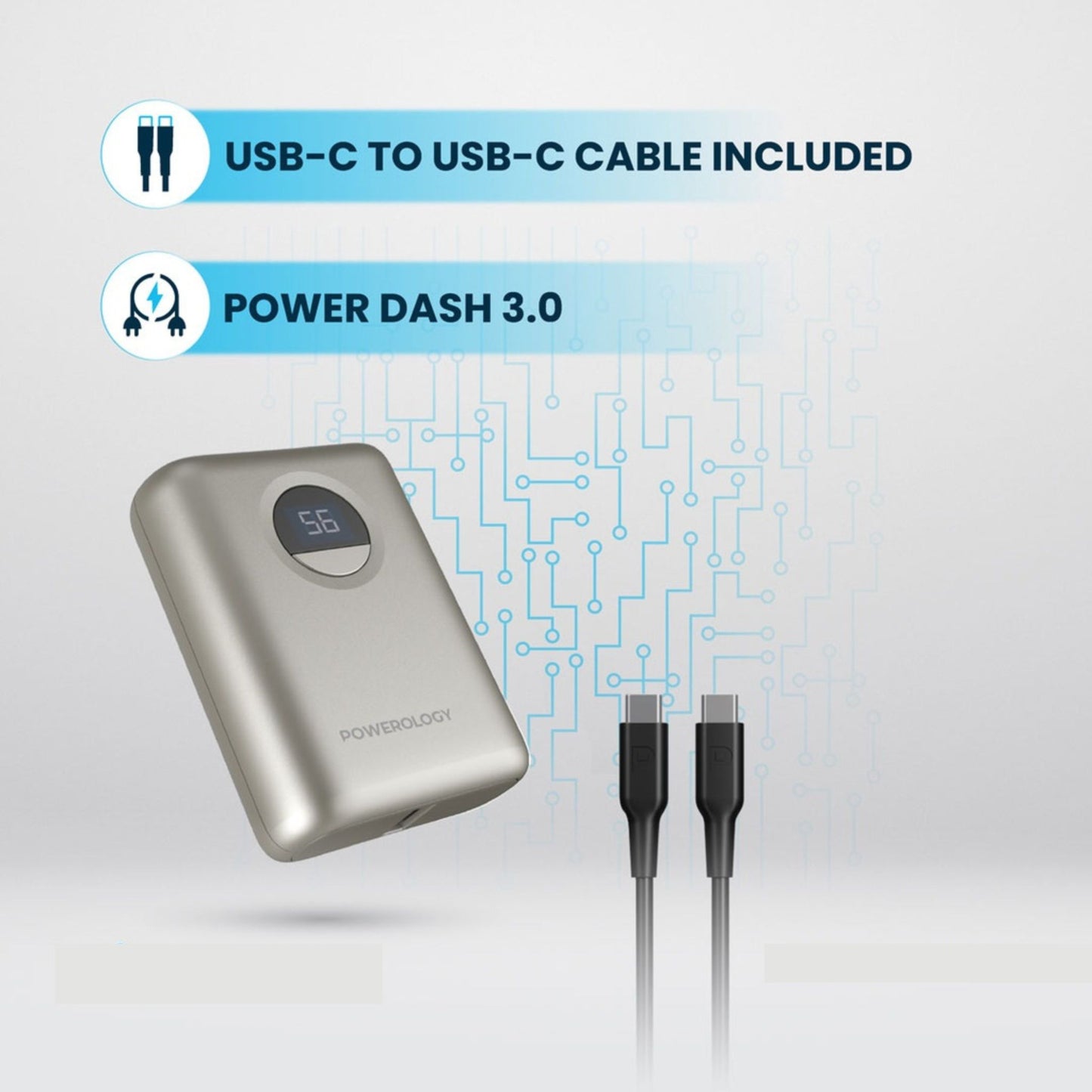 POWEROLOGY 10000mAh Power Bank with PD 20W, Power Dash 3.0, Ultra Compact & Light Design, Digital Display - Titanium