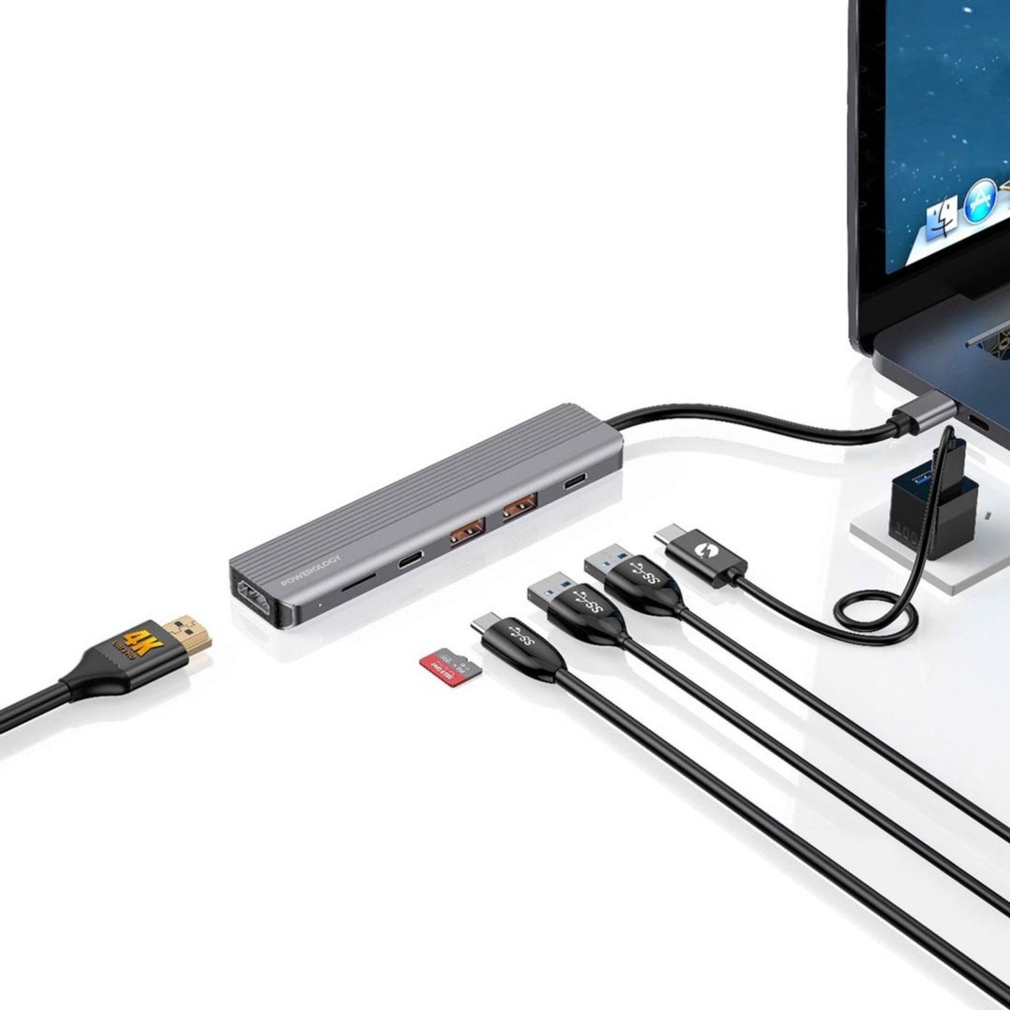 POWEROLOGY 6-in-1 Slim 4K HDMI USB-C Hub (10Gbps Data Transfer) PD 100W USB Micro SD_Grey