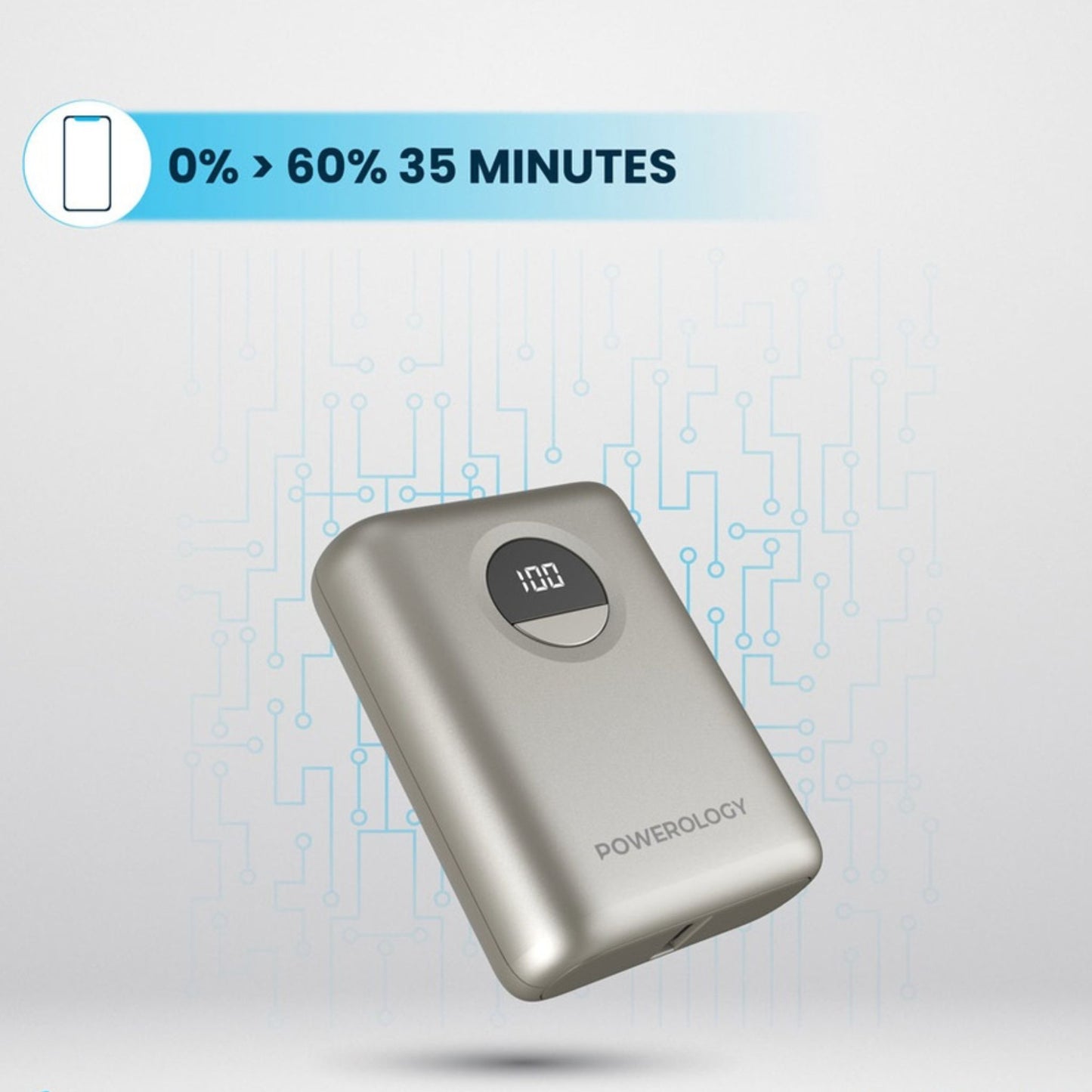 POWEROLOGY 10000mAh Power Bank with PD 20W, Power Dash 3.0, Ultra Compact & Light Design, Digital Display - Titanium