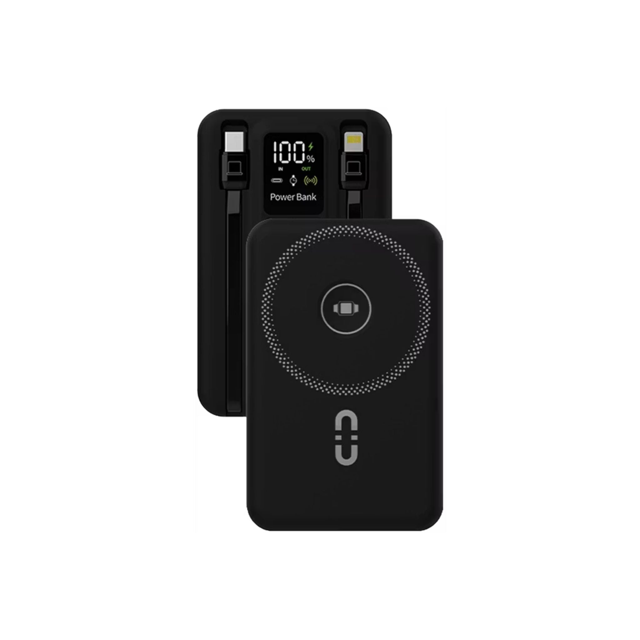 Black power bank with digital display on a white background