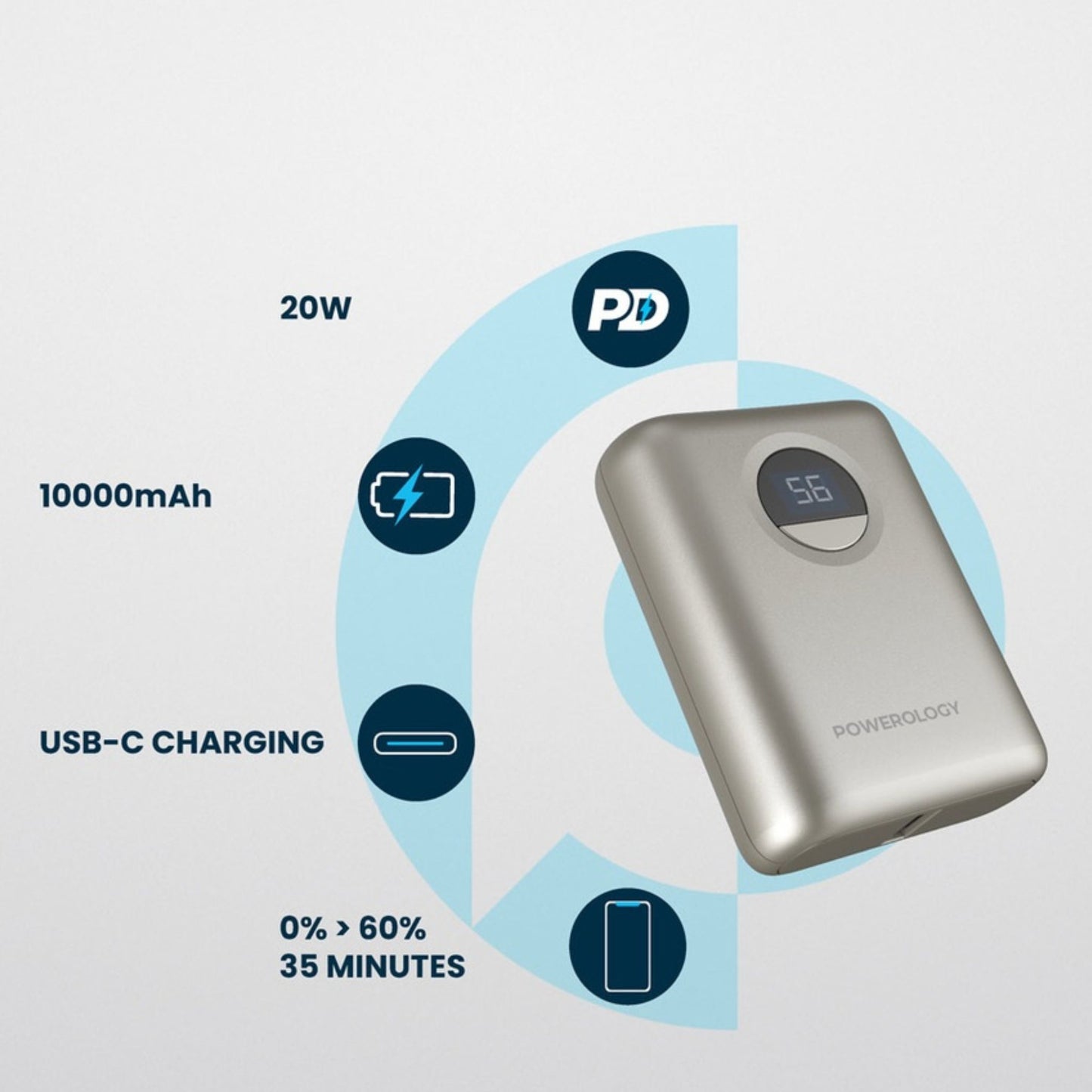 POWEROLOGY 10000mAh Power Bank with PD 20W, Power Dash 3.0, Ultra Compact & Light Design, Digital Display - Titanium