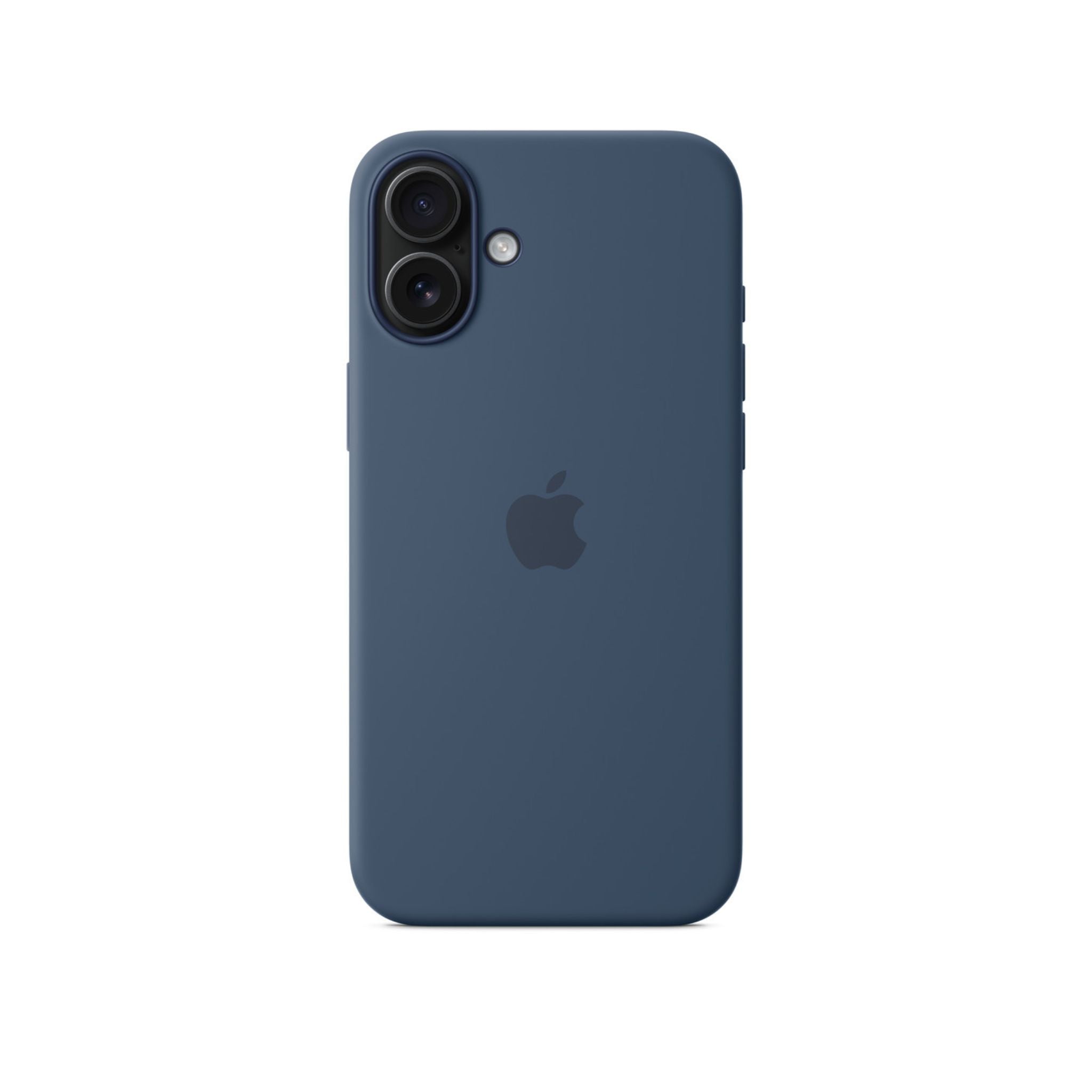 A blue silicone case for iPhone 16 Plus with MagSafe technology.