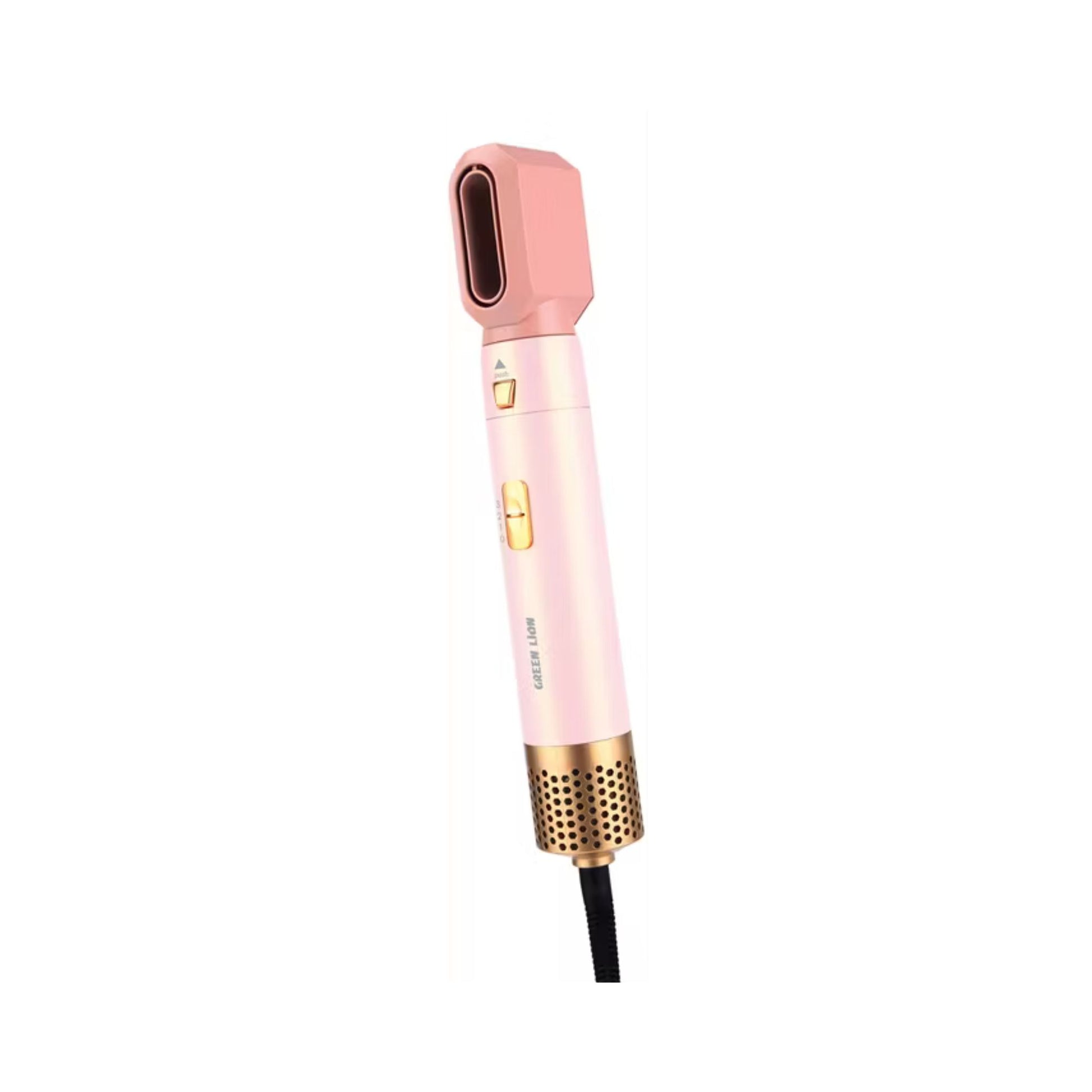 Pink and gold hair styling tool on a white background