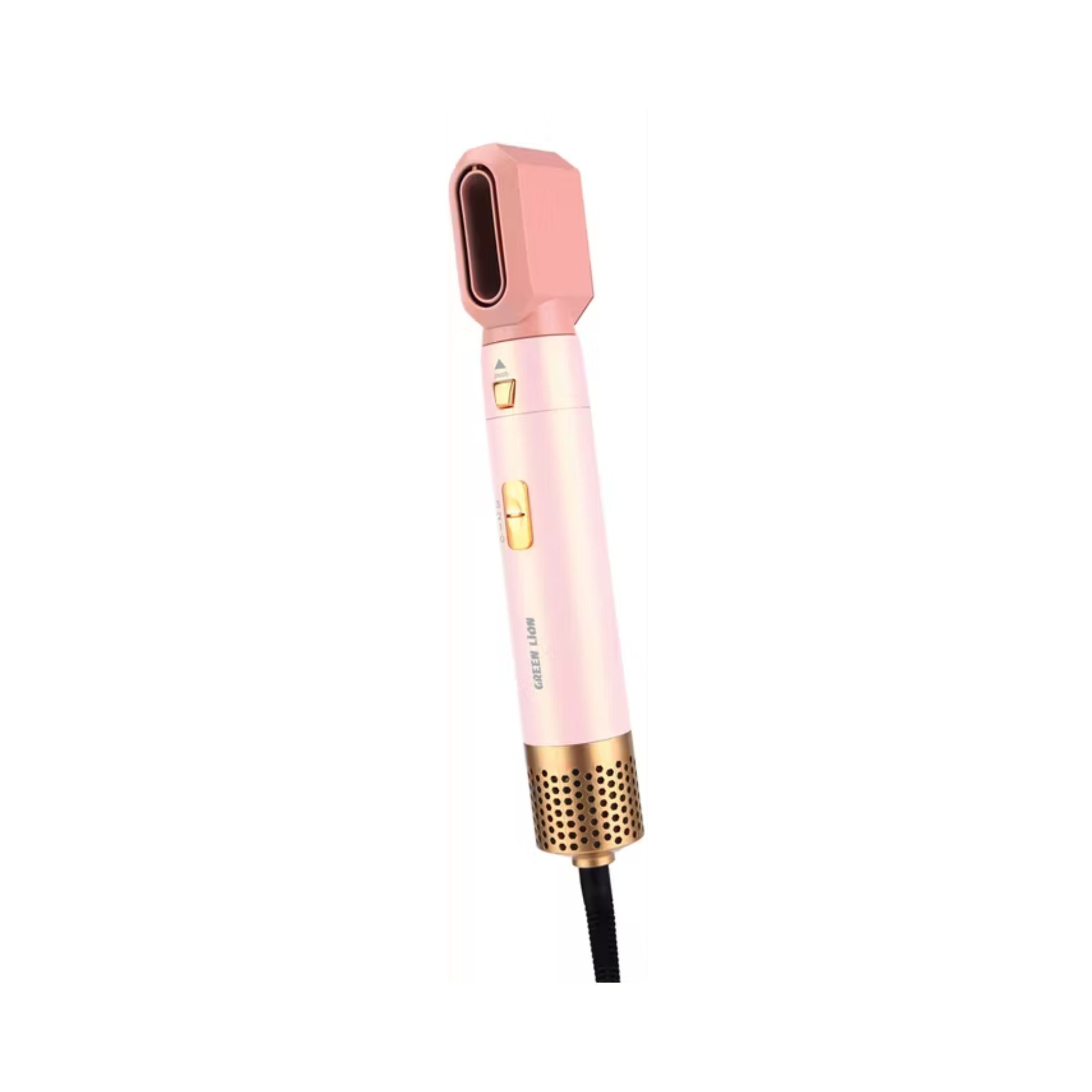 Pink and gold hair styling tool on a white background