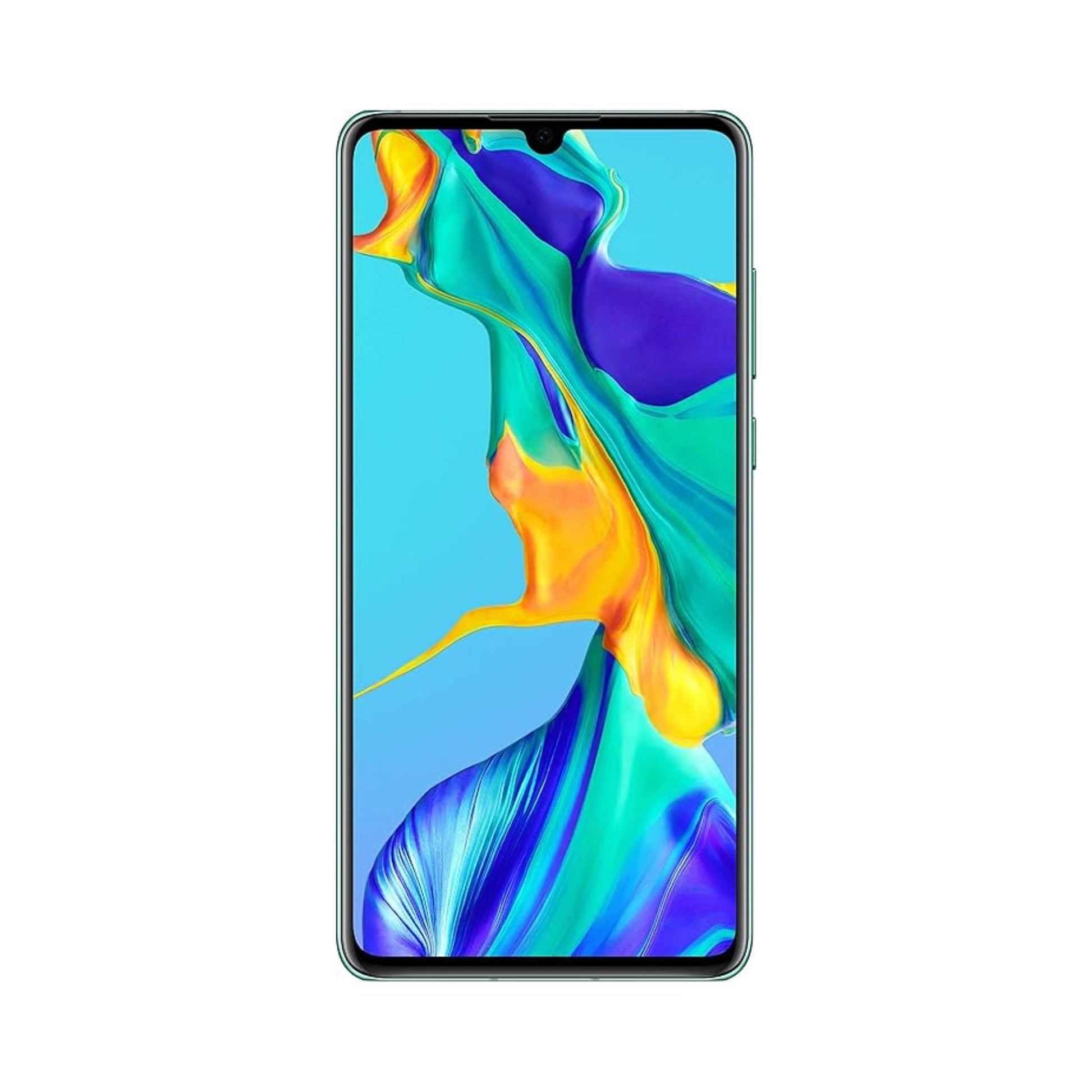 HUAWEI P30 smartphone with a colorful display, featuring a blue background and multicolored graphics.