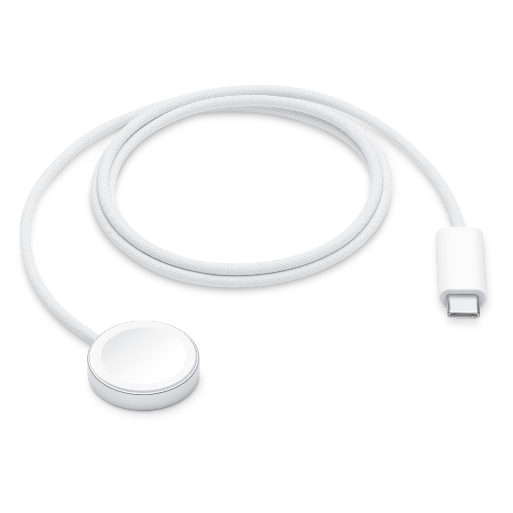White cable with a round connector on a white background