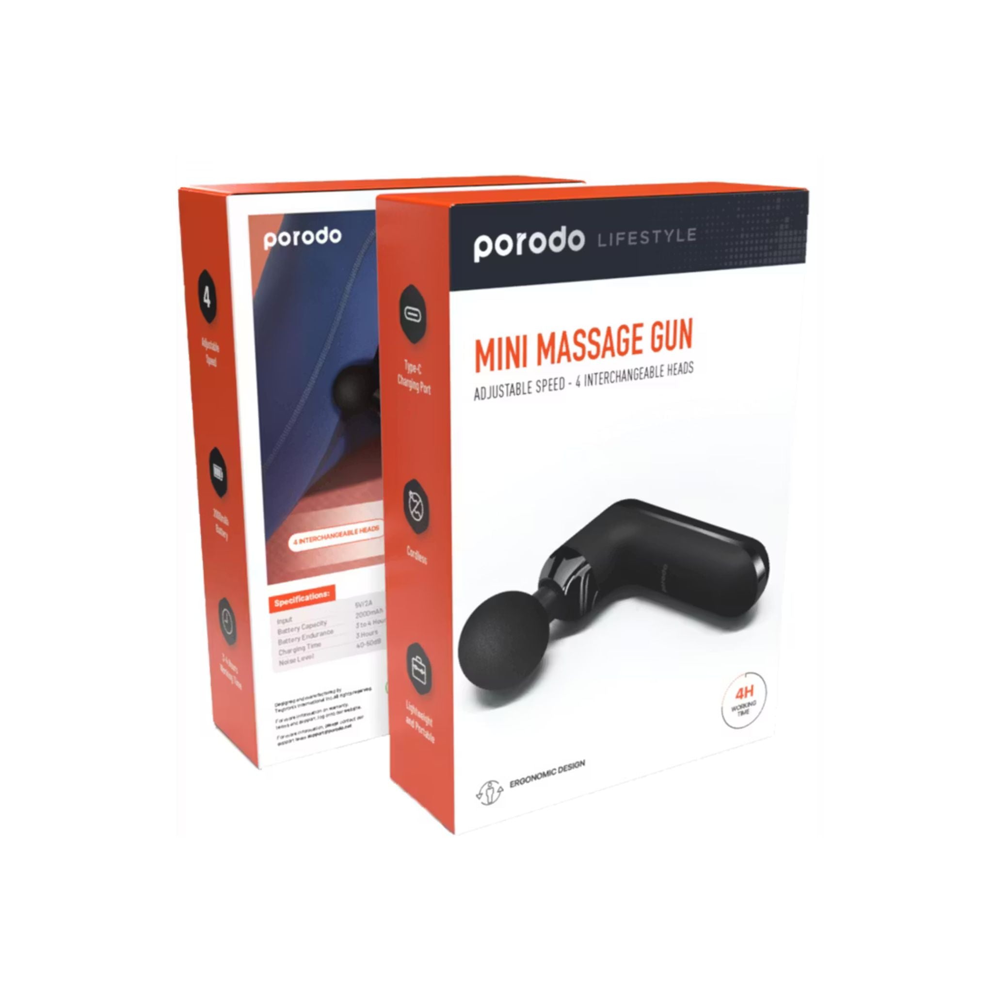 Porodo Lifestyle Mini Massage Gun 2000mAh Battery, Cordless, Adjustable Speed, 4 Interchangeable Heads, USB-C Charging, Lightweight & Portable, Ergonomic & Low Noise Design_Black