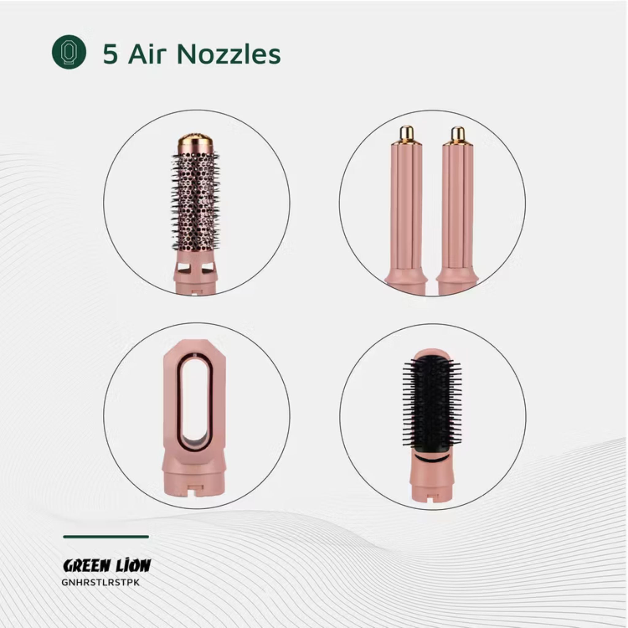GREEN LION 5-in-1 Professional Hair Styler 2 with 5 Air Nozzles, 28000RPM Motor Speed, 3 Heat Settings Up to 105°C, Safety Lock, Auto Rotation - Pink