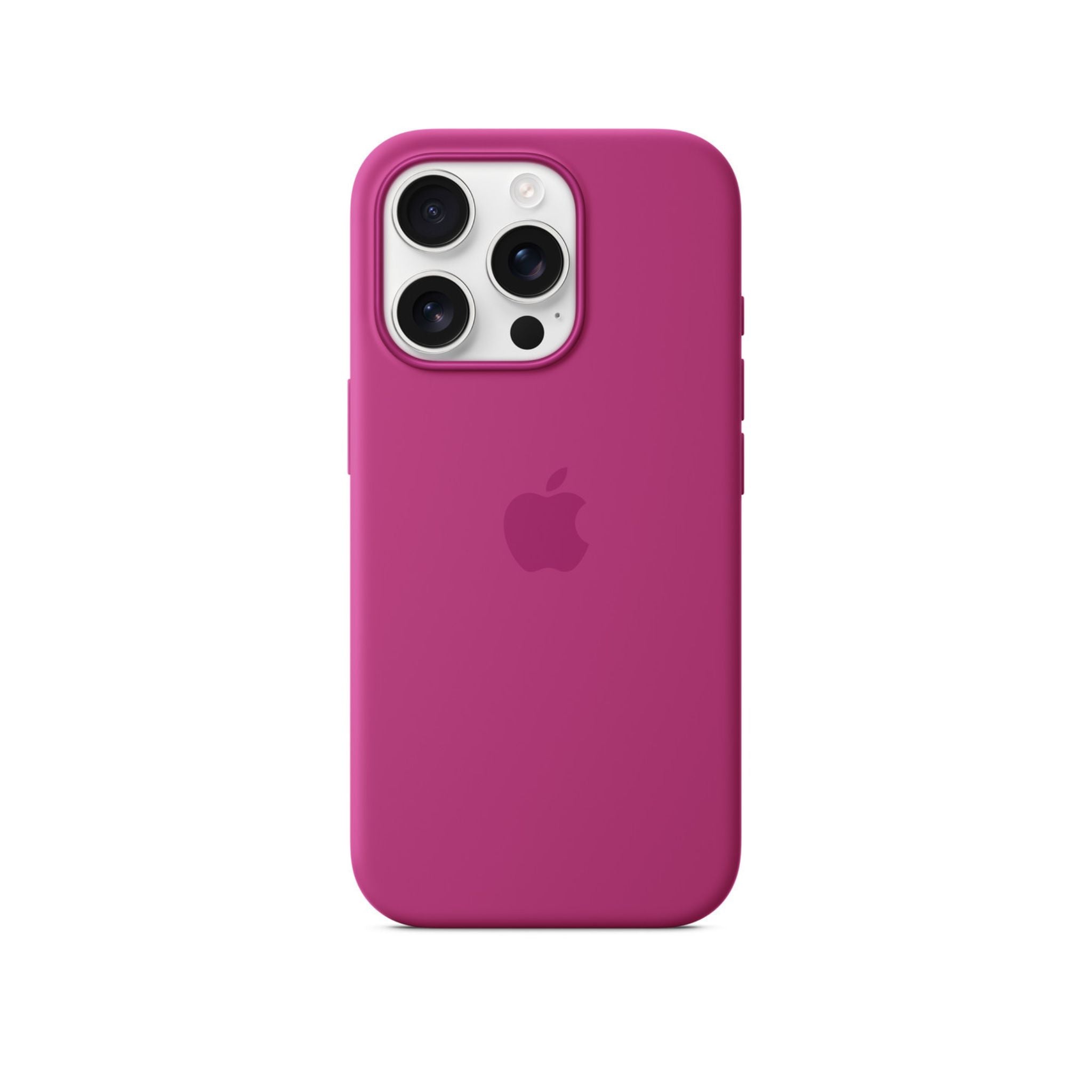 Fuchsia silicone case for iPhone 16 Pro with MagSafe technology.