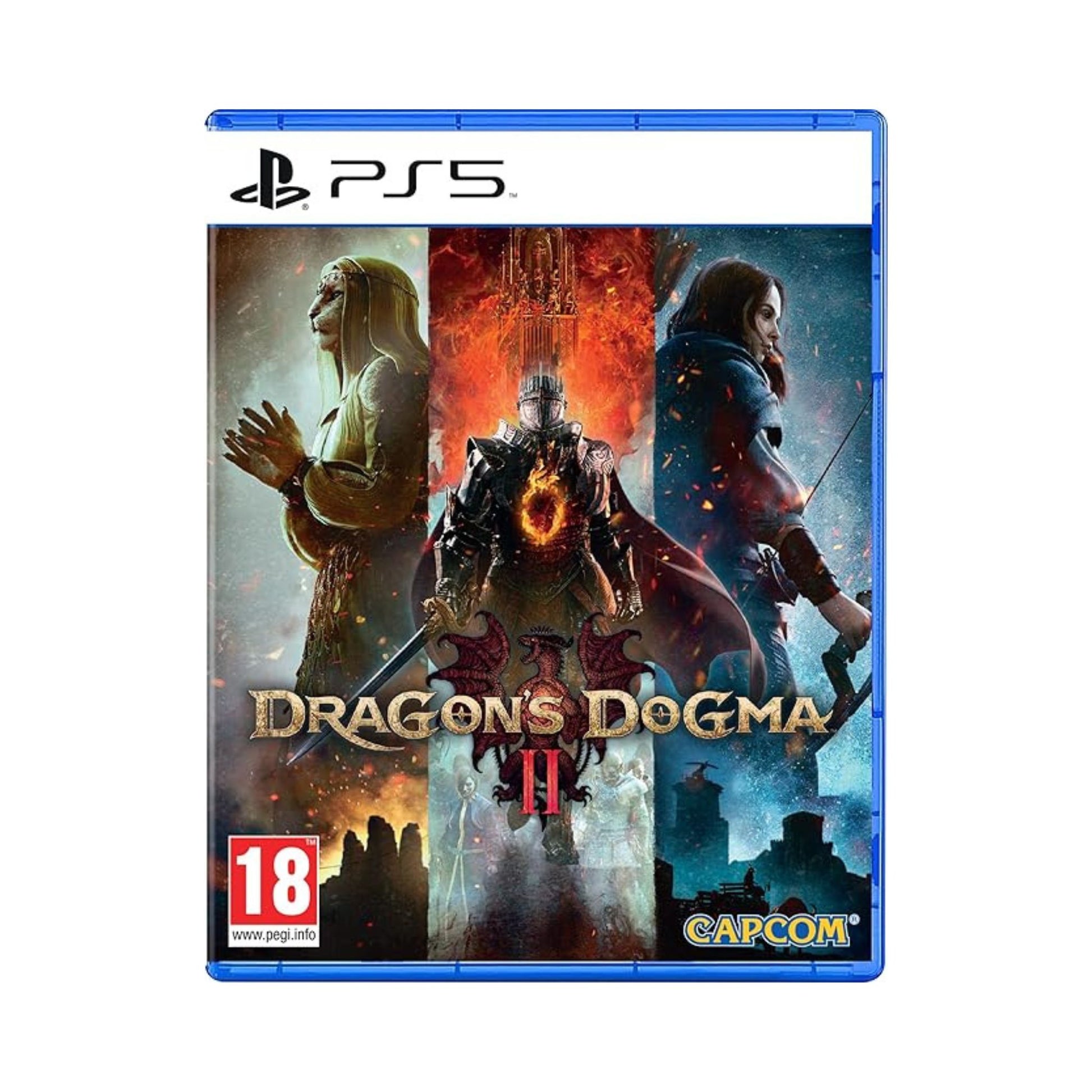 Game case for 'Dragon's Dogma II' on PS5 with characters and Capcom logo.