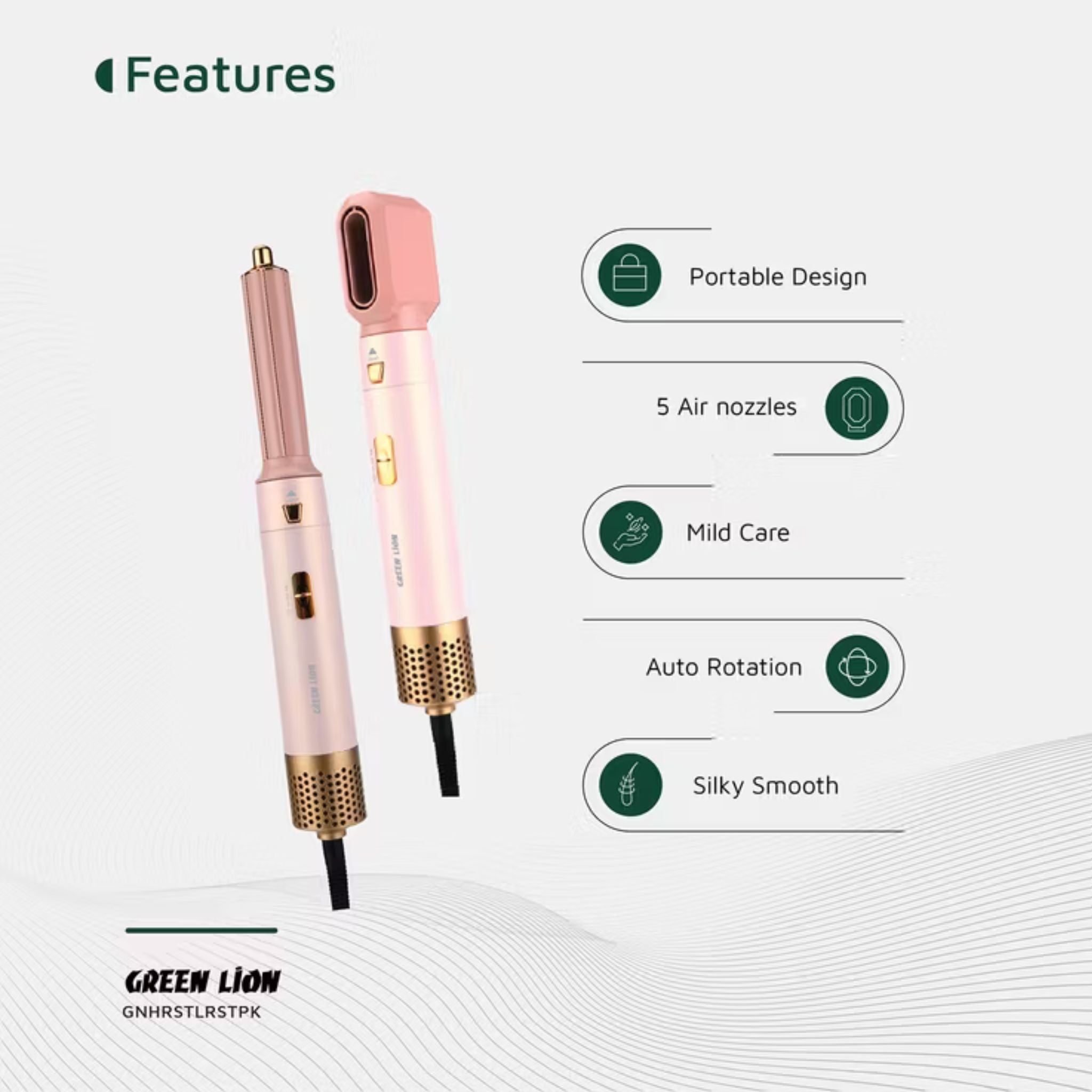 GREEN LION 5-in-1 Professional Hair Styler 2 with 5 Air Nozzles, 28000RPM Motor Speed, 3 Heat Settings Up to 105°C, Safety Lock, Auto Rotation - Pink