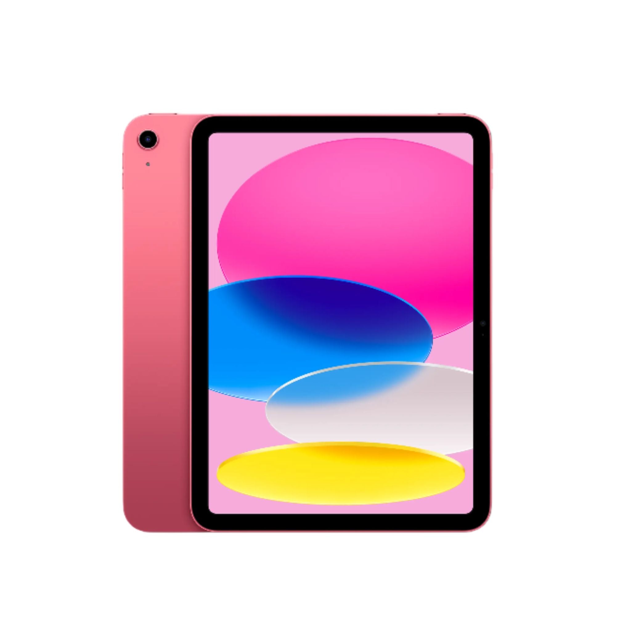 A pink 10.9-inch Apple iPad with a Liquid Retina display, shown from the front with the screen on, displaying colorful graphics.
