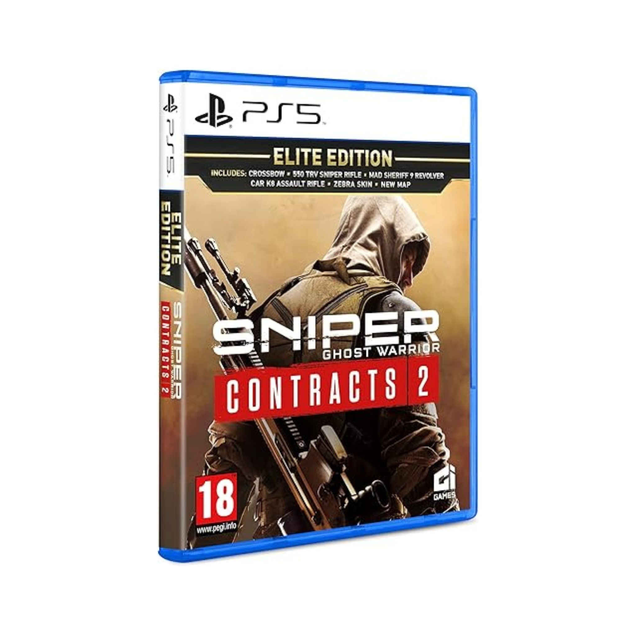Game case for 'Sniper Ghost Warrior Contracts 2' Elite Edition on PS5 with a hooded figure holding a rifle.