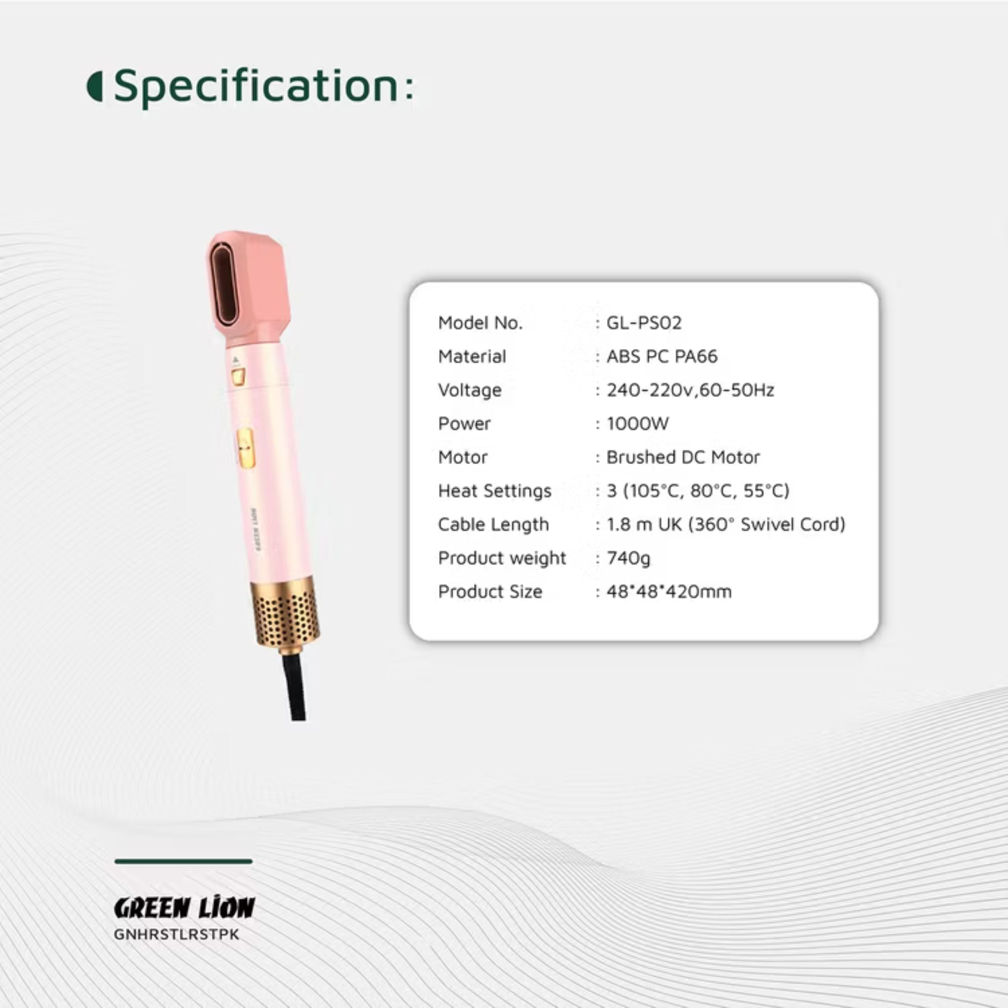 GREEN LION 5-in-1 Professional Hair Styler 2 with 5 Air Nozzles, 28000RPM Motor Speed, 3 Heat Settings Up to 105°C, Safety Lock, Auto Rotation - Pink