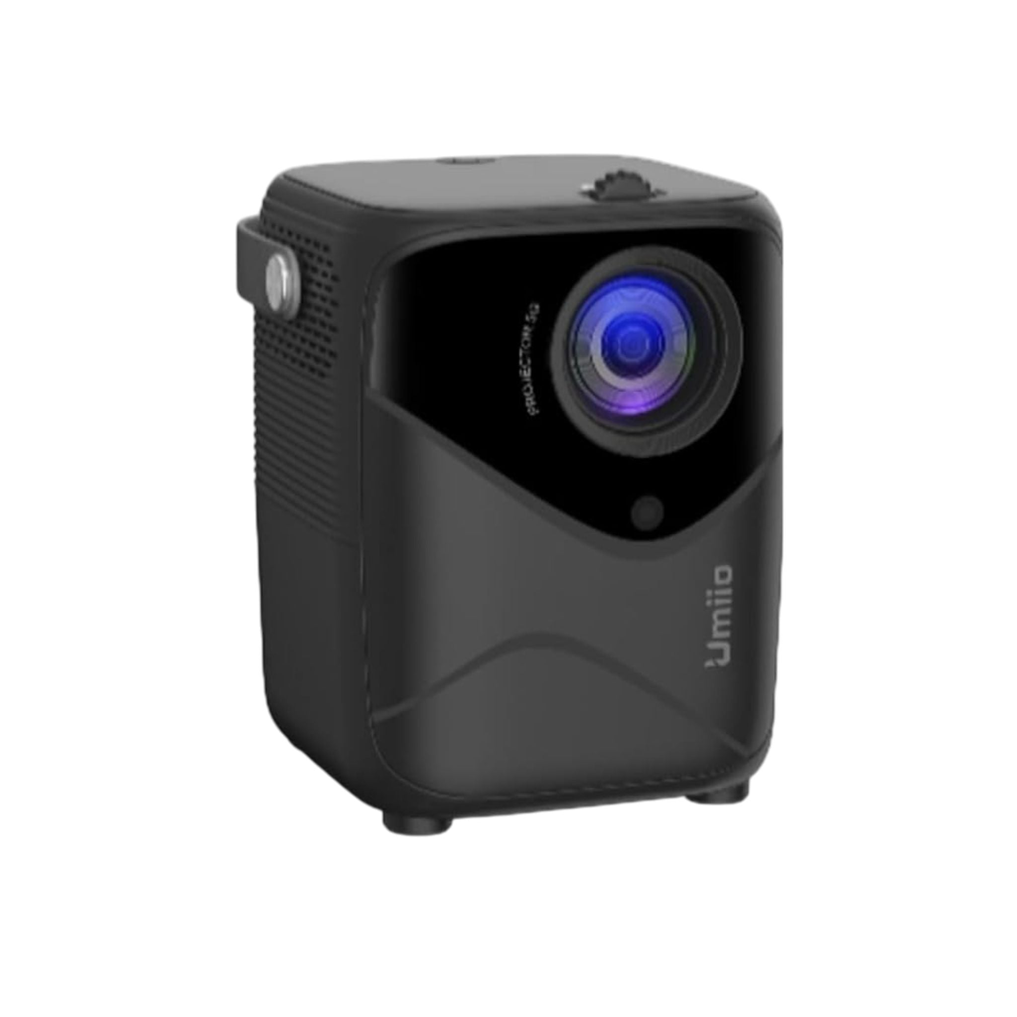 Black portable projector with visible brand logo on a white background