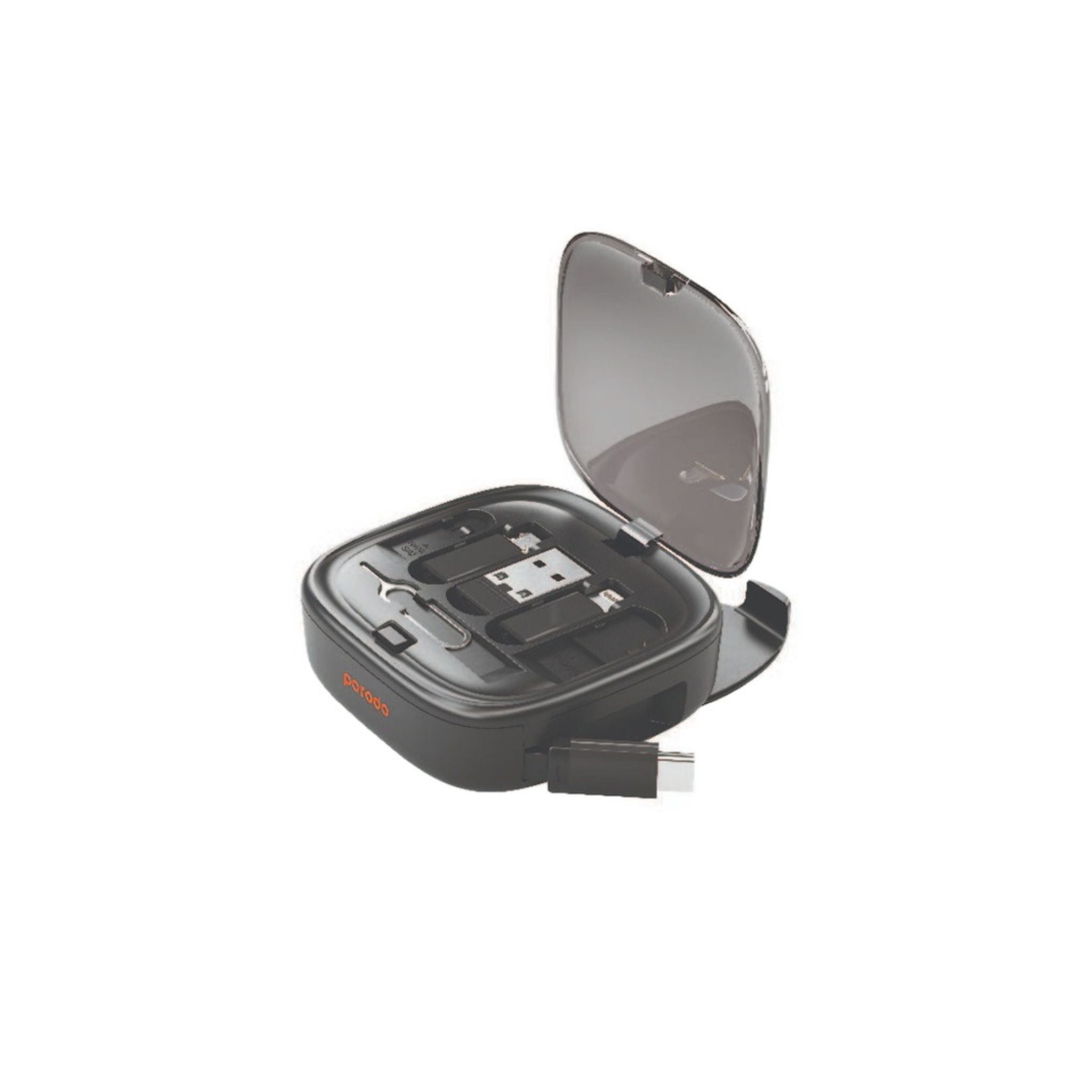 Porodo multi-functional charging kit with various adapter connectors and a Type-C cable, housed in a compact, portable black case.