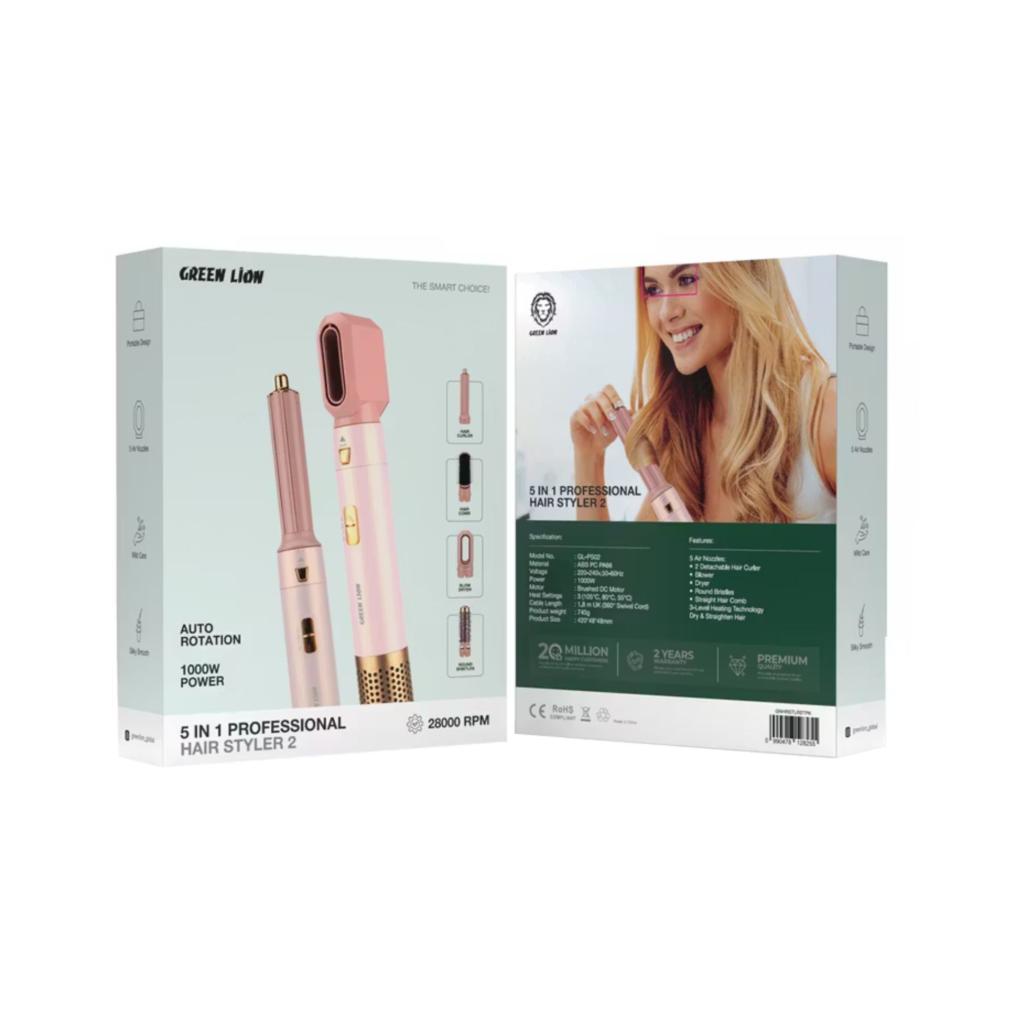 GREEN LION 5-in-1 Professional Hair Styler 2 with 5 Air Nozzles, 28000RPM Motor Speed, 3 Heat Settings Up to 105°C, Safety Lock, Auto Rotation - Pink