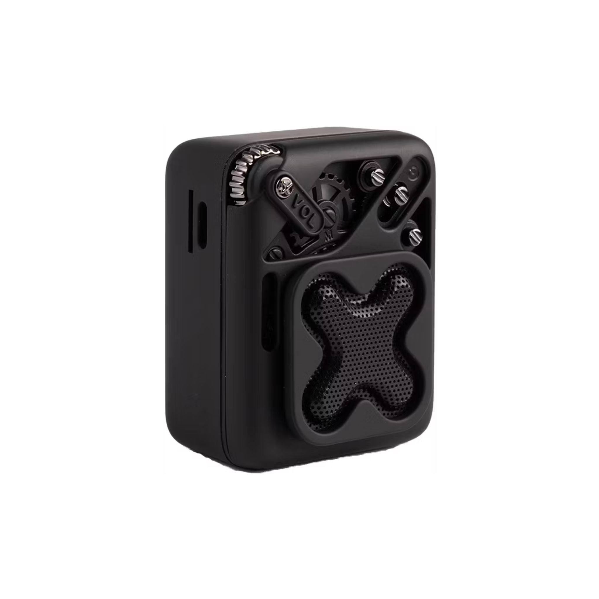 Black portable speaker with mesh design on a white background
