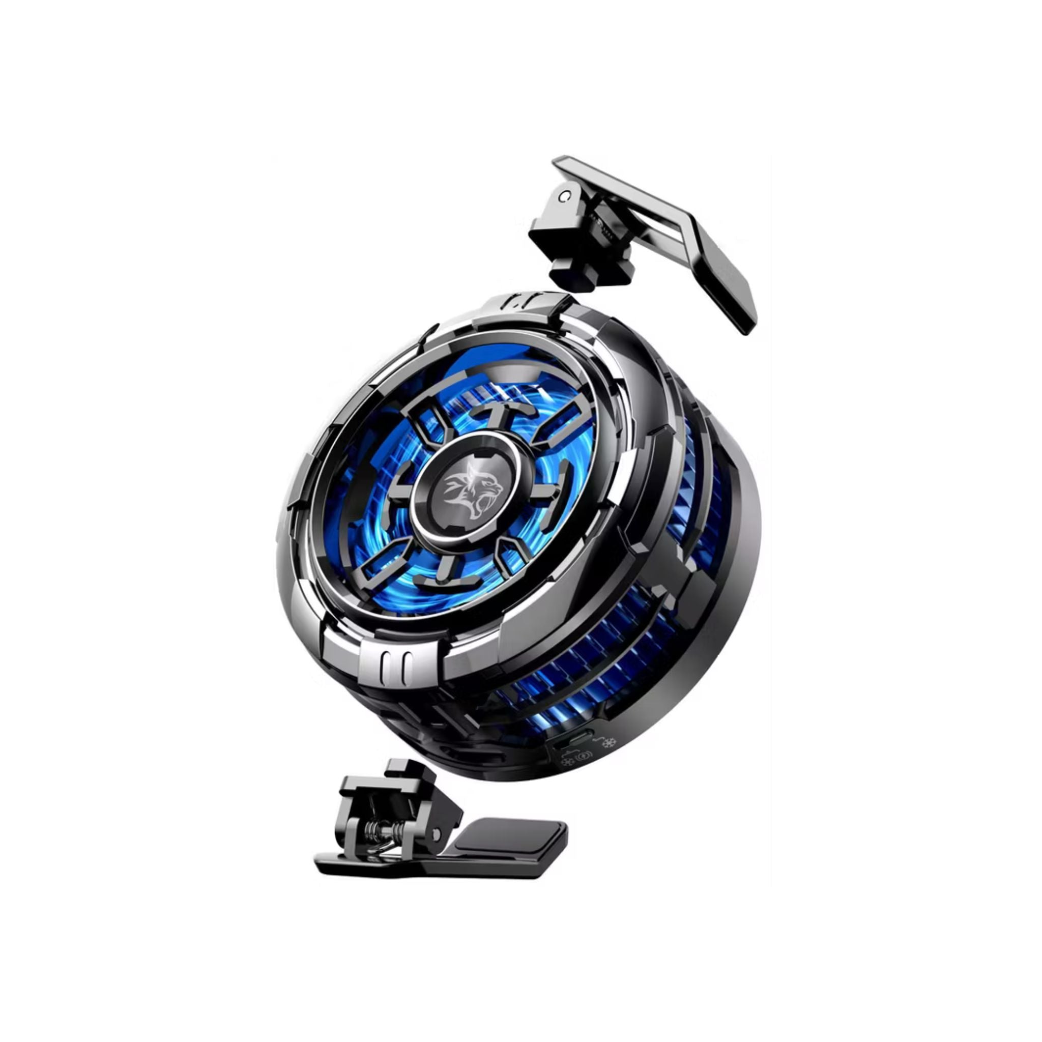 Metallic object with blue interior on a white background