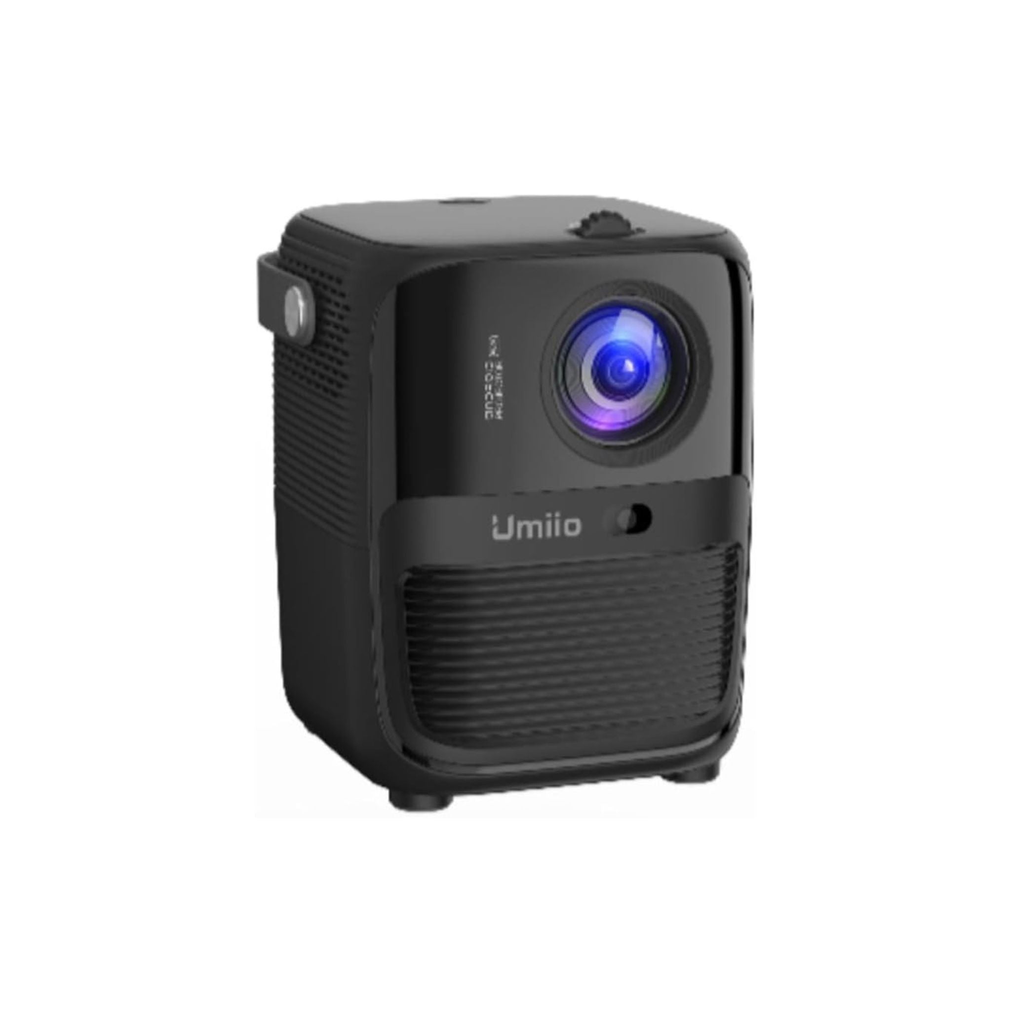 Black projector with Umiio branding on a white background