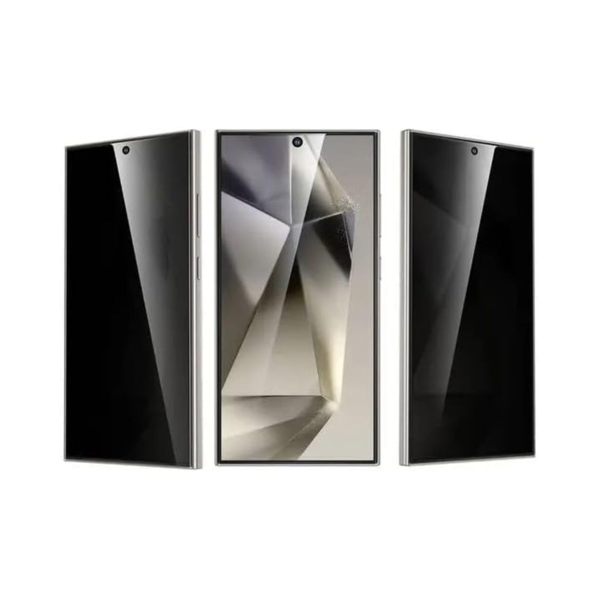 A black privacy shield screen protector for Samsung Galaxy S24 Ultra, featuring a fingerprint unlock and a privacy filter.