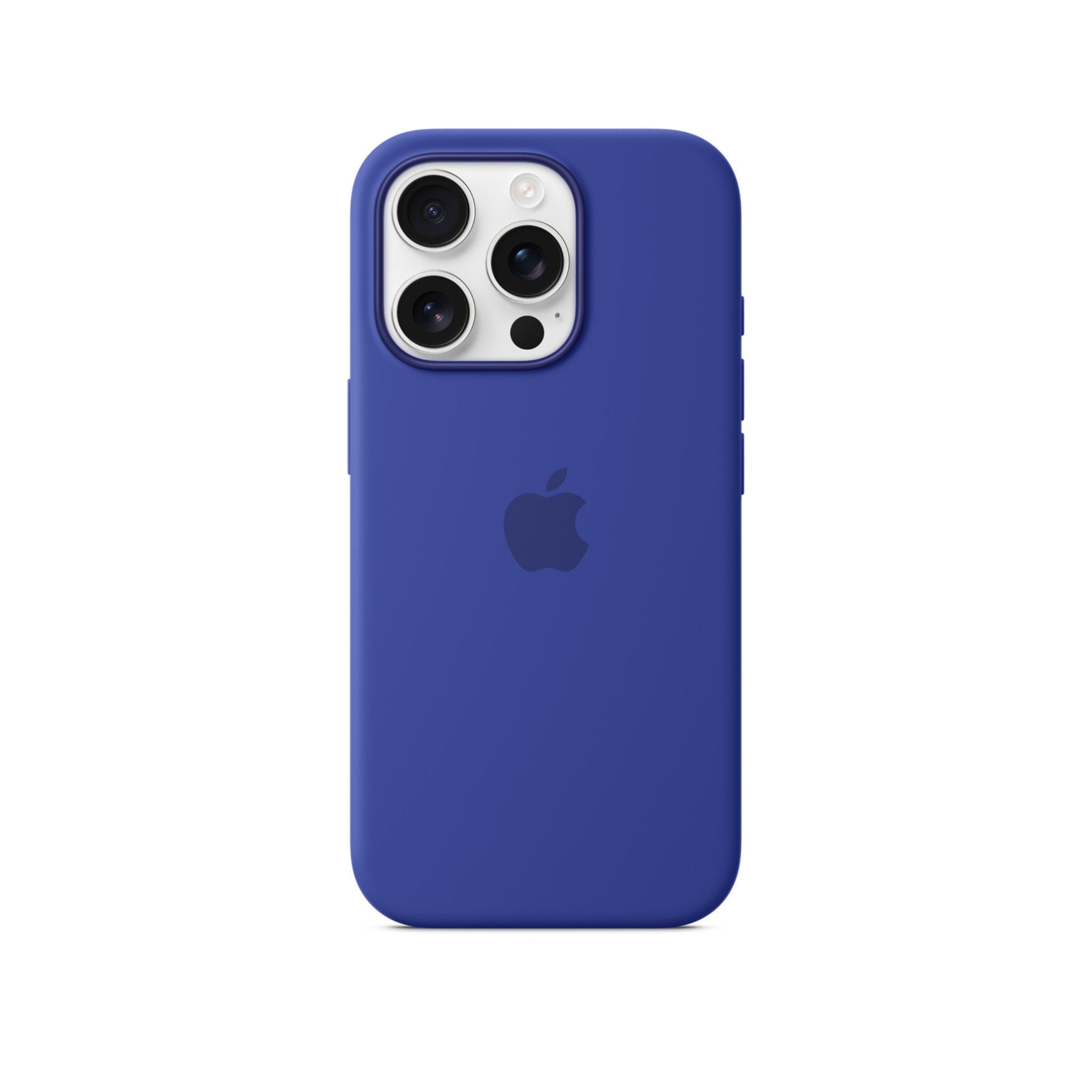 Ultramarine blue silicone case for iPhone 16 Pro with MagSafe feature.