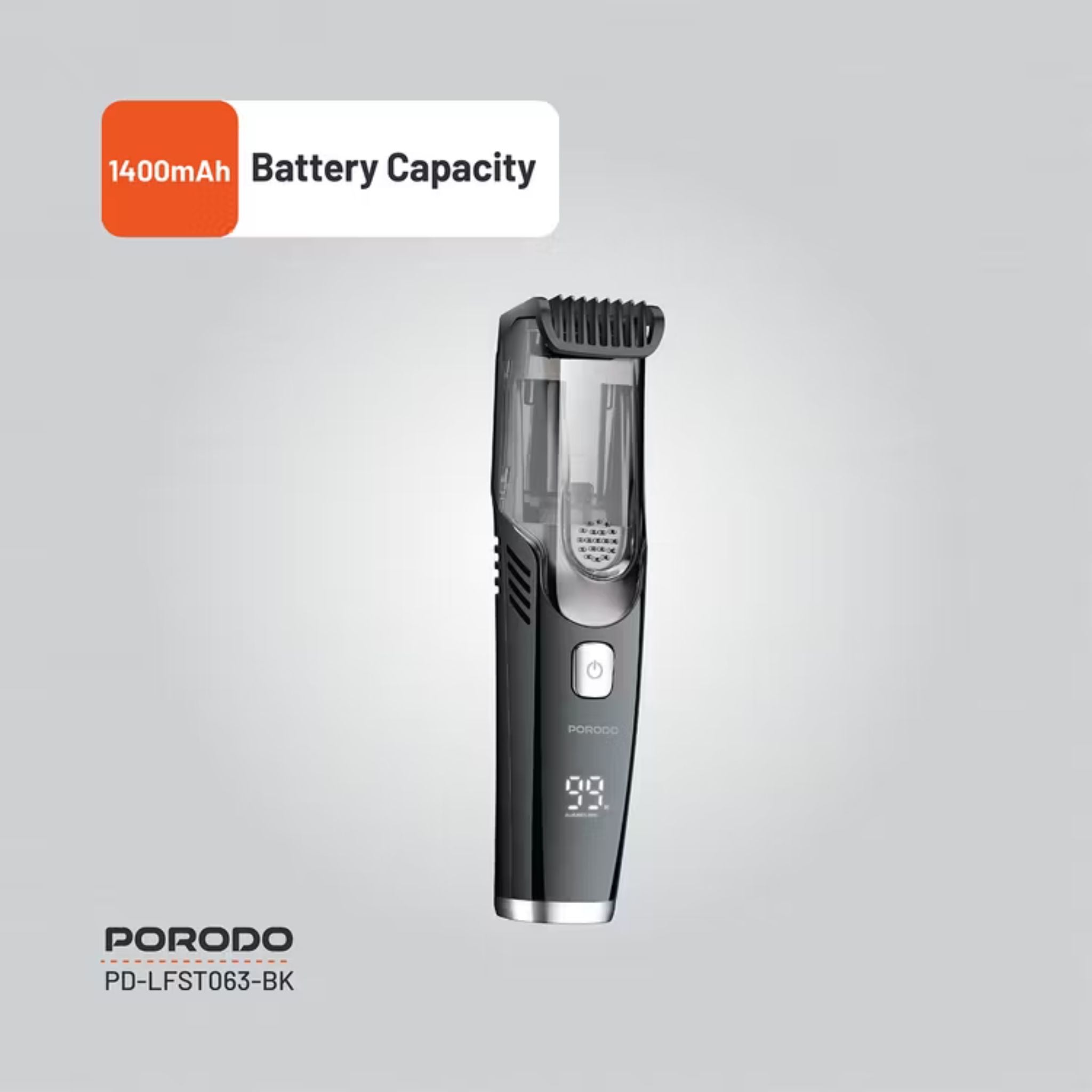 Porodo Air Suction Beard & Body Trimmer, 90 Minutes Working Time , 3 Hours Recharge Time, Type-C Charging Port, Digital Display, Washable, IPX6 Waterproof Rating, 1400mAh Battery - Gray / Black