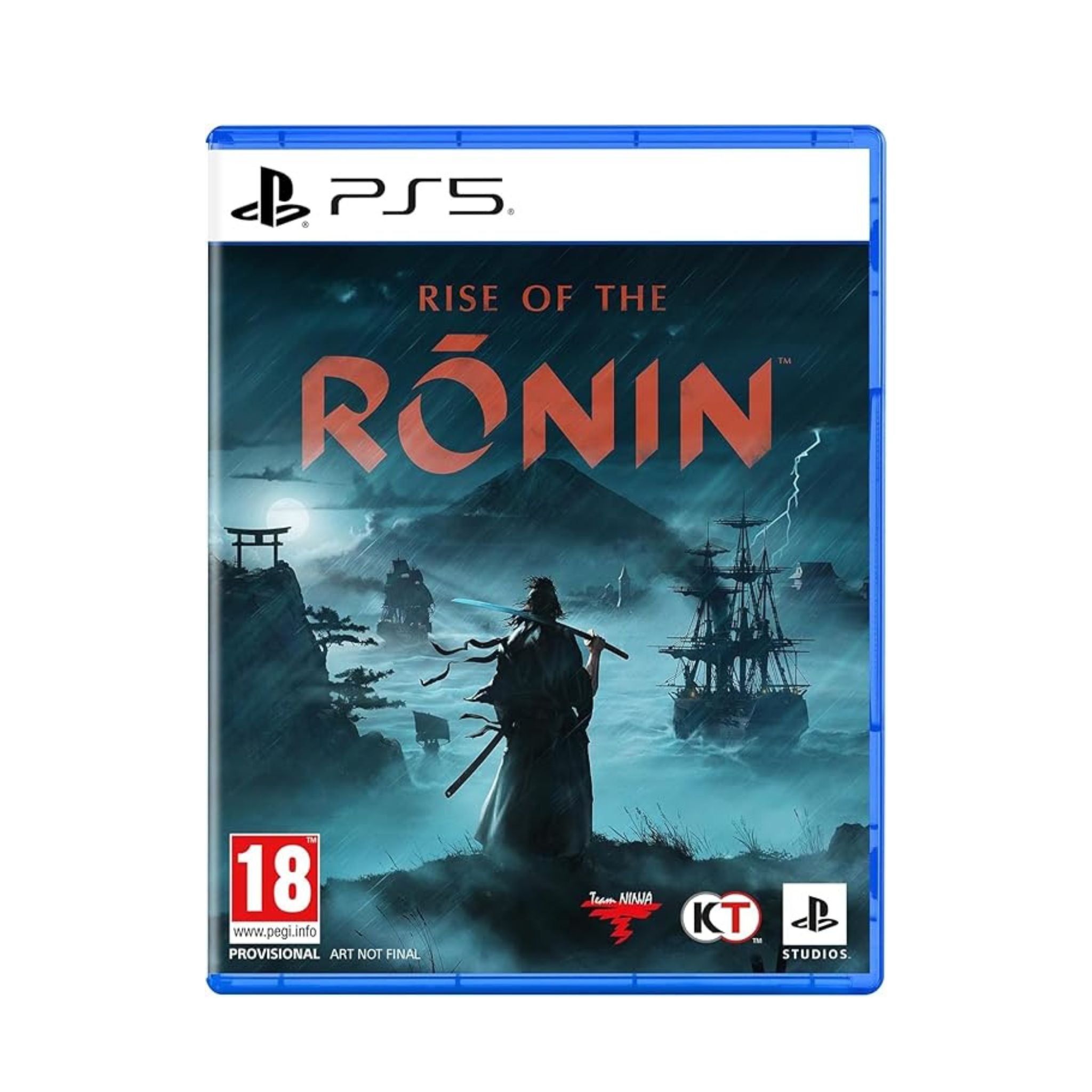 Game case for 'Rise of the Ronin' on PS5 with a warrior and ship design.