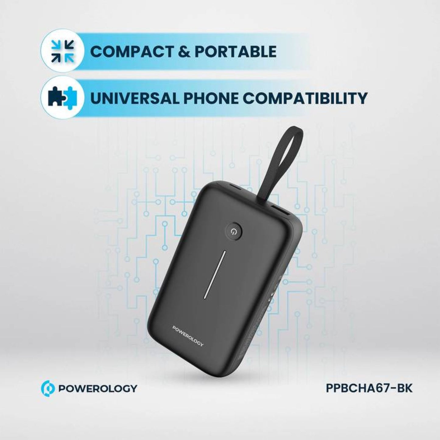 Powerology 20000mAh Power Bank with Detachable USB-C Wire, 30W Power Delivery, 3-Device Charging, Long Time Standby, Universal Phone Compatibility, Built-in Safeguards - Black