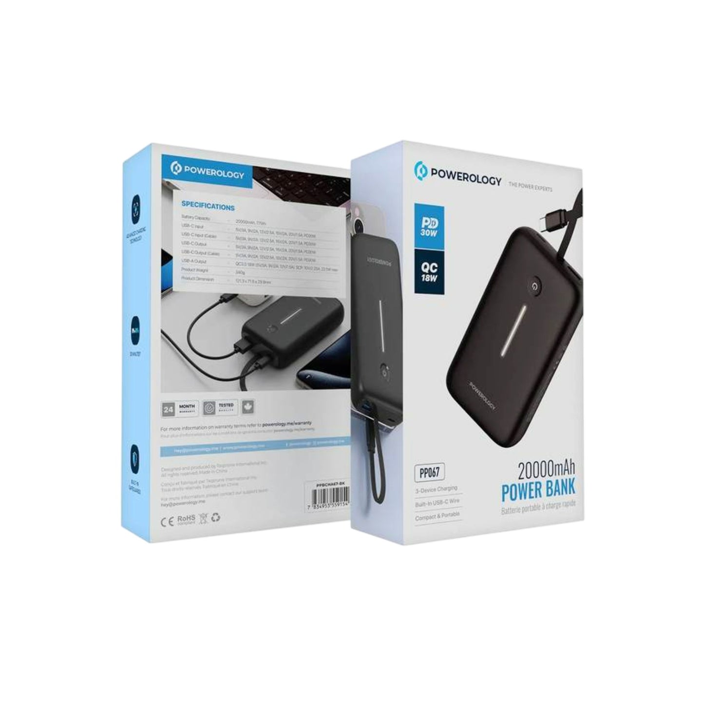 Powerology 20000mAh Power Bank with Detachable USB-C Wire, 30W Power Delivery, 3-Device Charging, Long Time Standby, Universal Phone Compatibility, Built-in Safeguards - Black