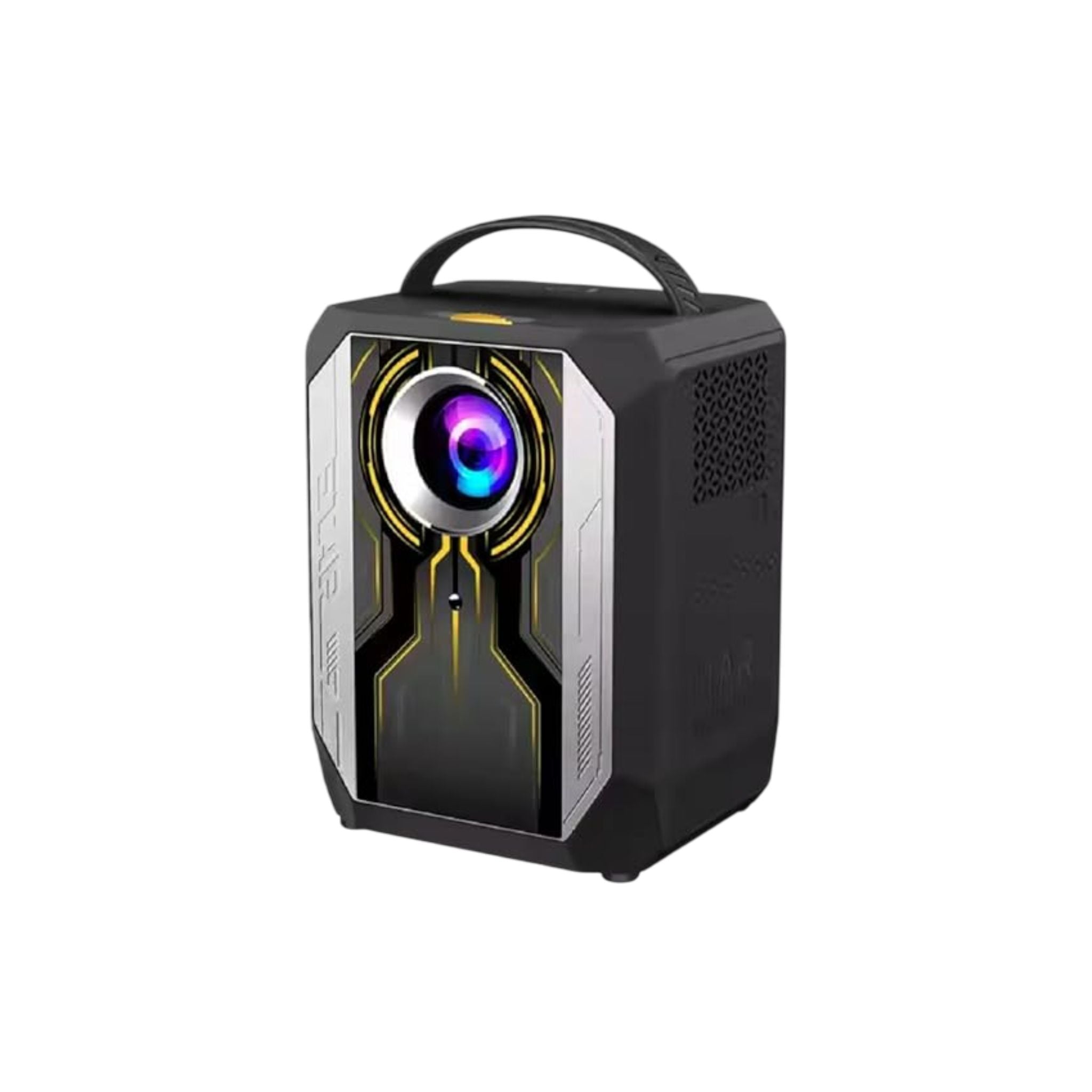 Portable projector with a colorful light on a white background