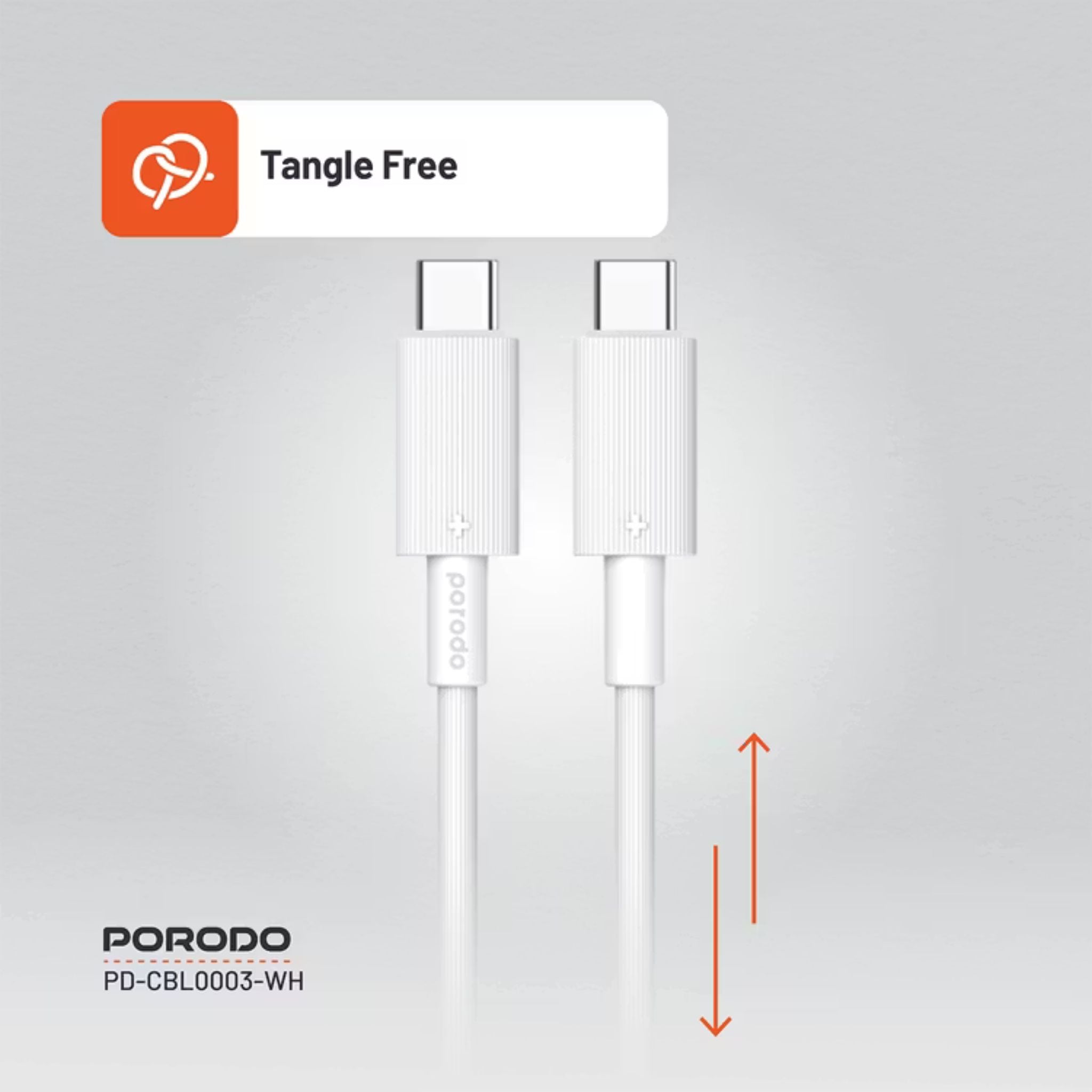Porodo USB-C to USB-C PVC Cable, 480Mbps Transfer Speed, 60W Power Delivery, more than 15000 Bends Life Span, 1.2m Cable Length, Tangle Free - White