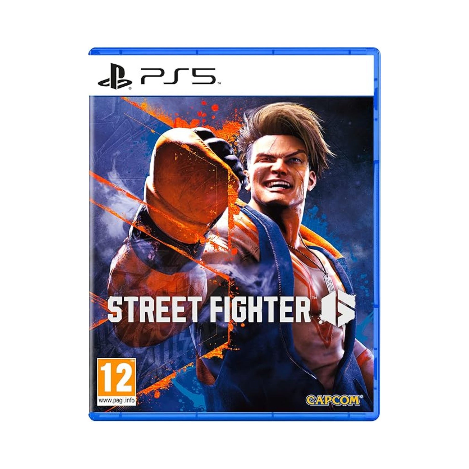 PlayStation 5 game case for 'Street Fighter' with two characters on a blue background