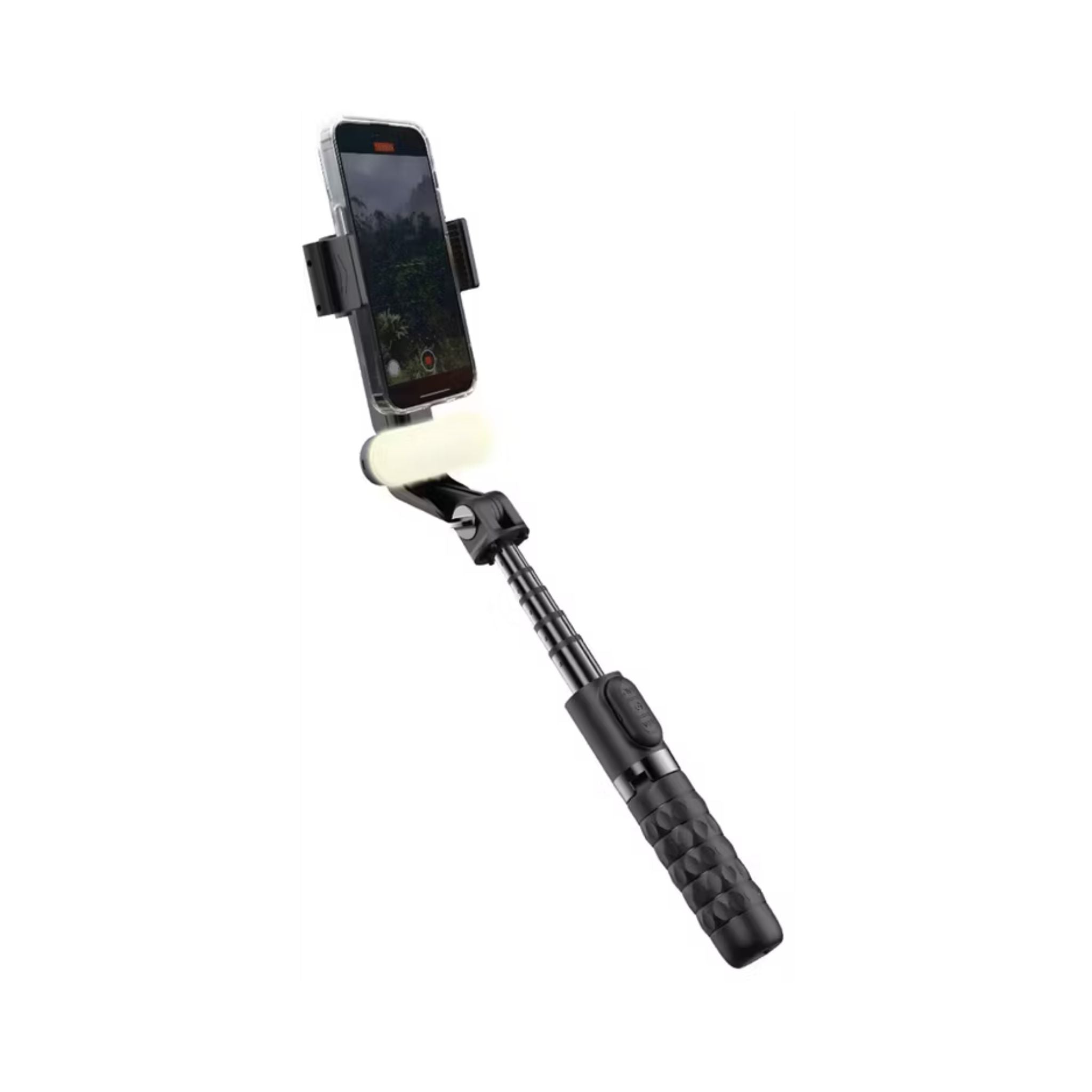 Black selfie stick with smartphone holder on a white background