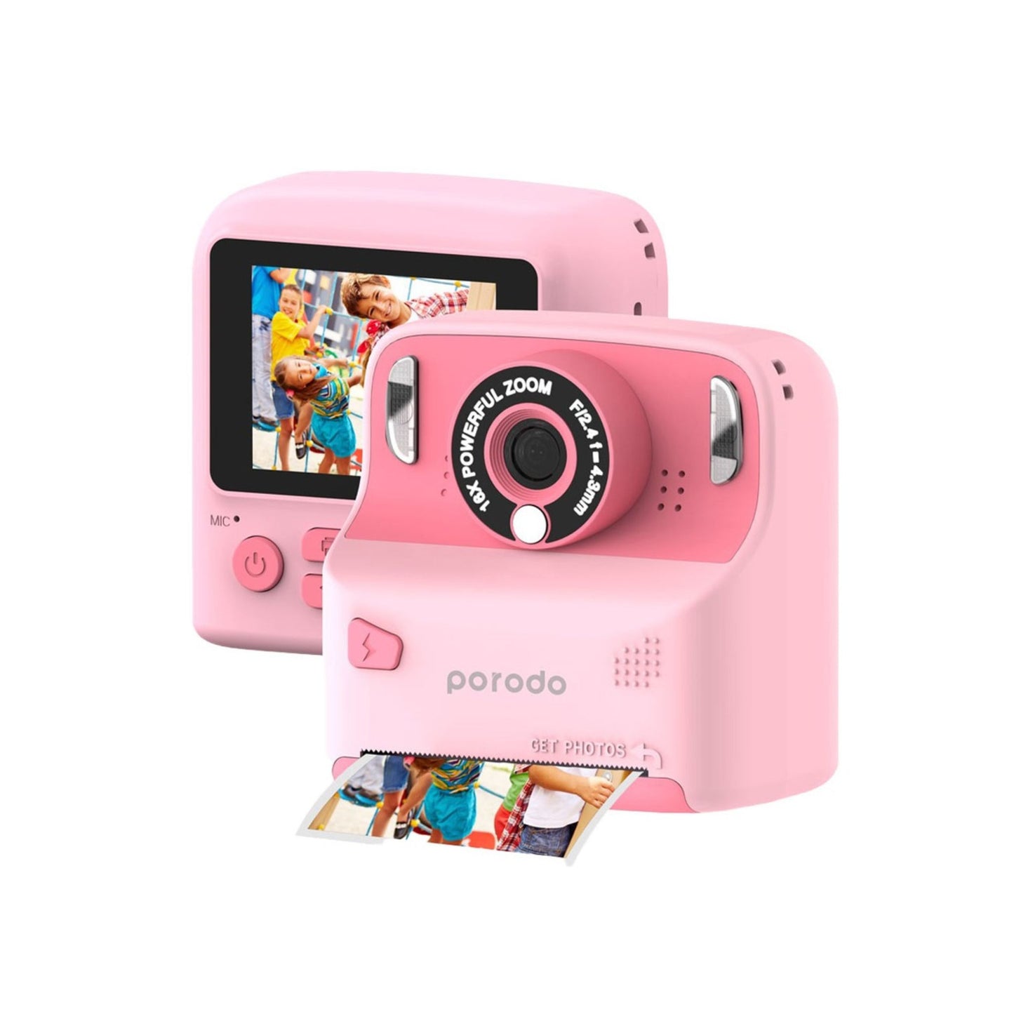 Porodo Lifestyle Kids 10000mAh Print Camera with 320 x 240 Screen Resolution, Type-C Charging Port, 2.4" Wide Screen, Built-in Games, 12MP Image Resolution, Built-in Fill Light - Pink