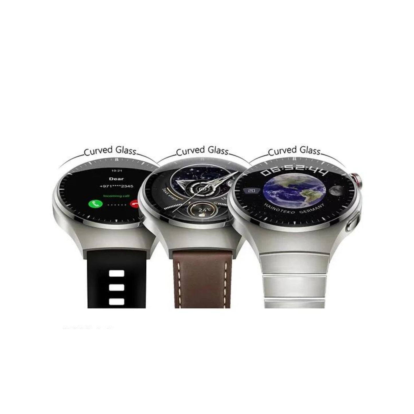 Haino Teko RW-32 Smart Watch_AMOLED_Carved Glass Display-Silicone + Stainless Steel 3 Strap,Bluetooth_Silver