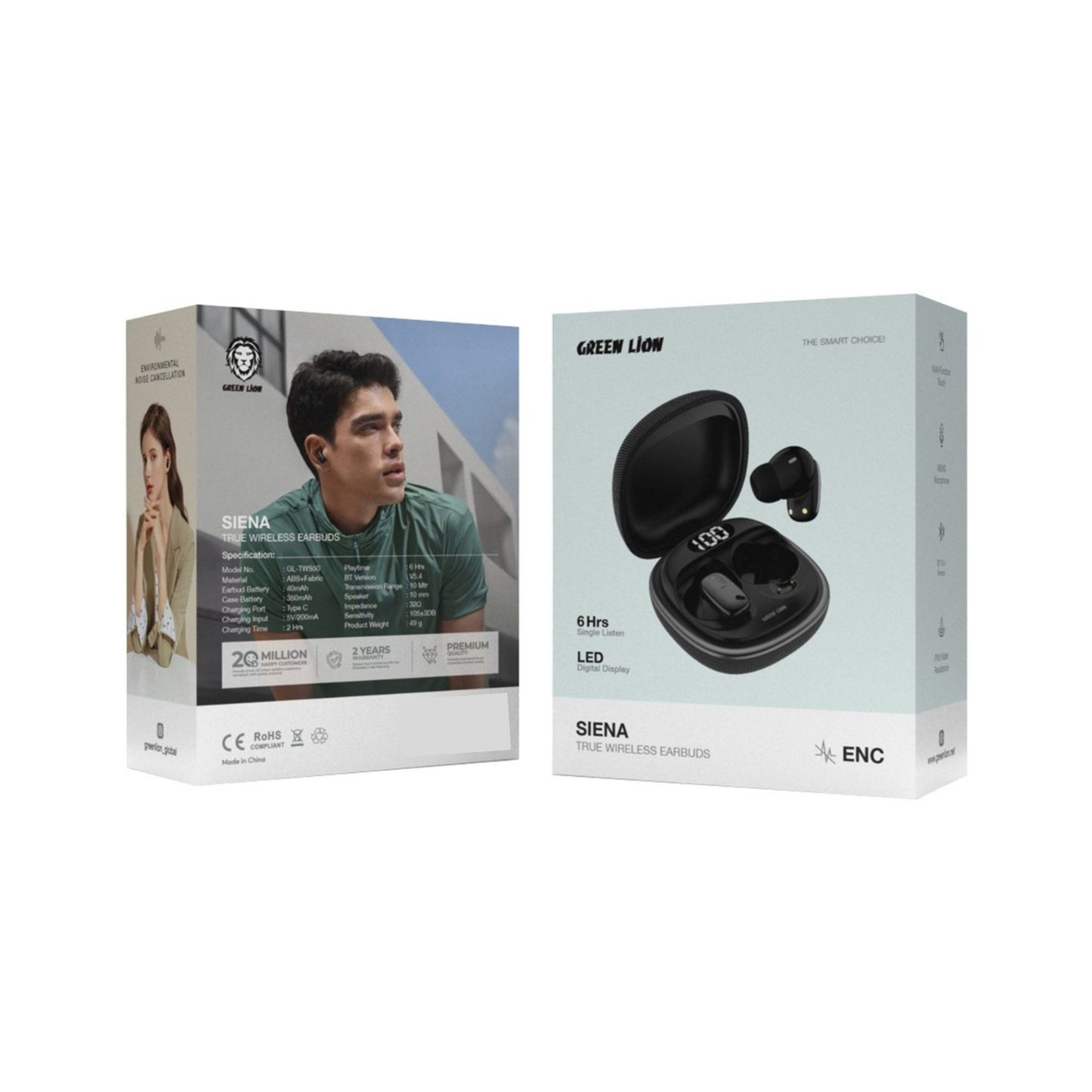 Green Lion Siena True Wireless Earbuds, Multi-Function Touch, LED Digital Display, IPX5 Water Resistance, Environmental Noise Cancellation, 6 Hours Play Time, Bluetooth 5.4 Version - Black