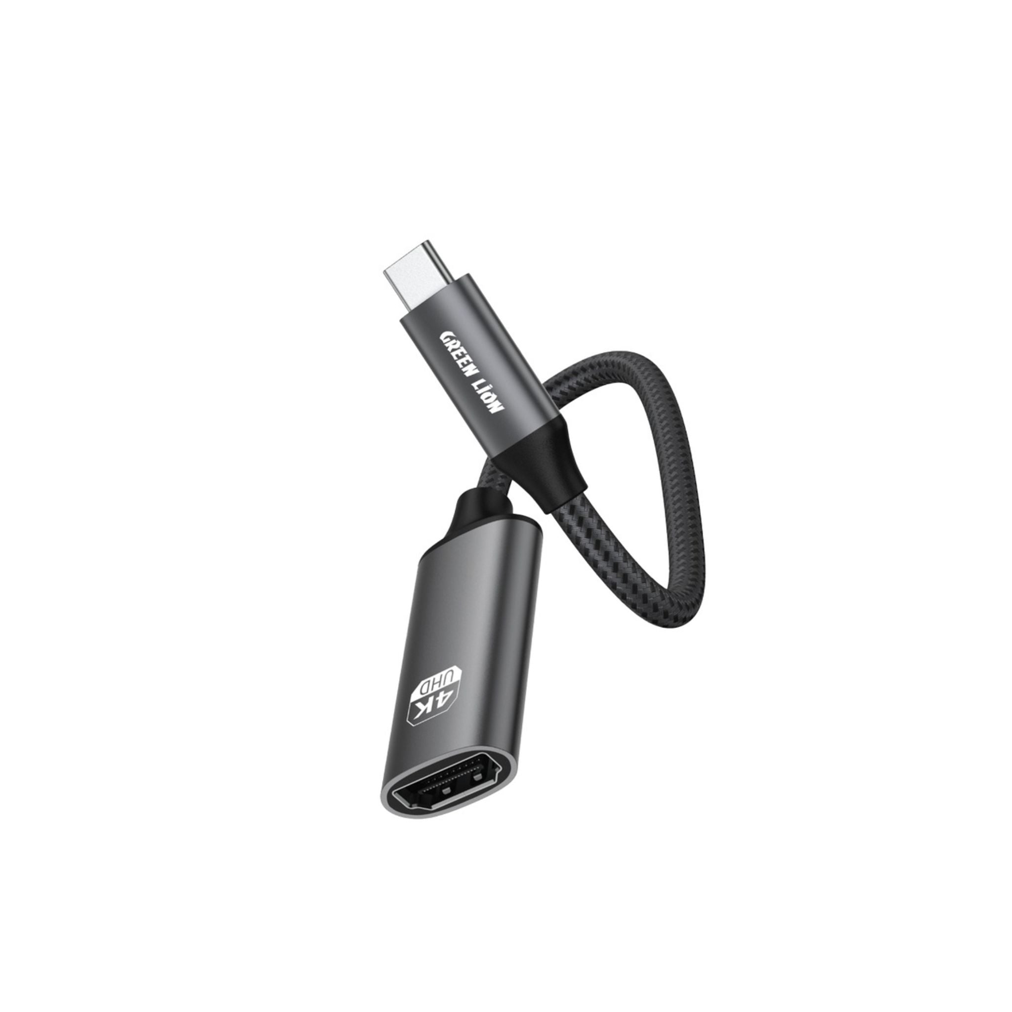 A Green Lion brand 4K USB-C to HDMI adapter cable with a black aluminum shell and nylon braiding, featuring a USB-C connector on one end and an HDMI connector on the other.