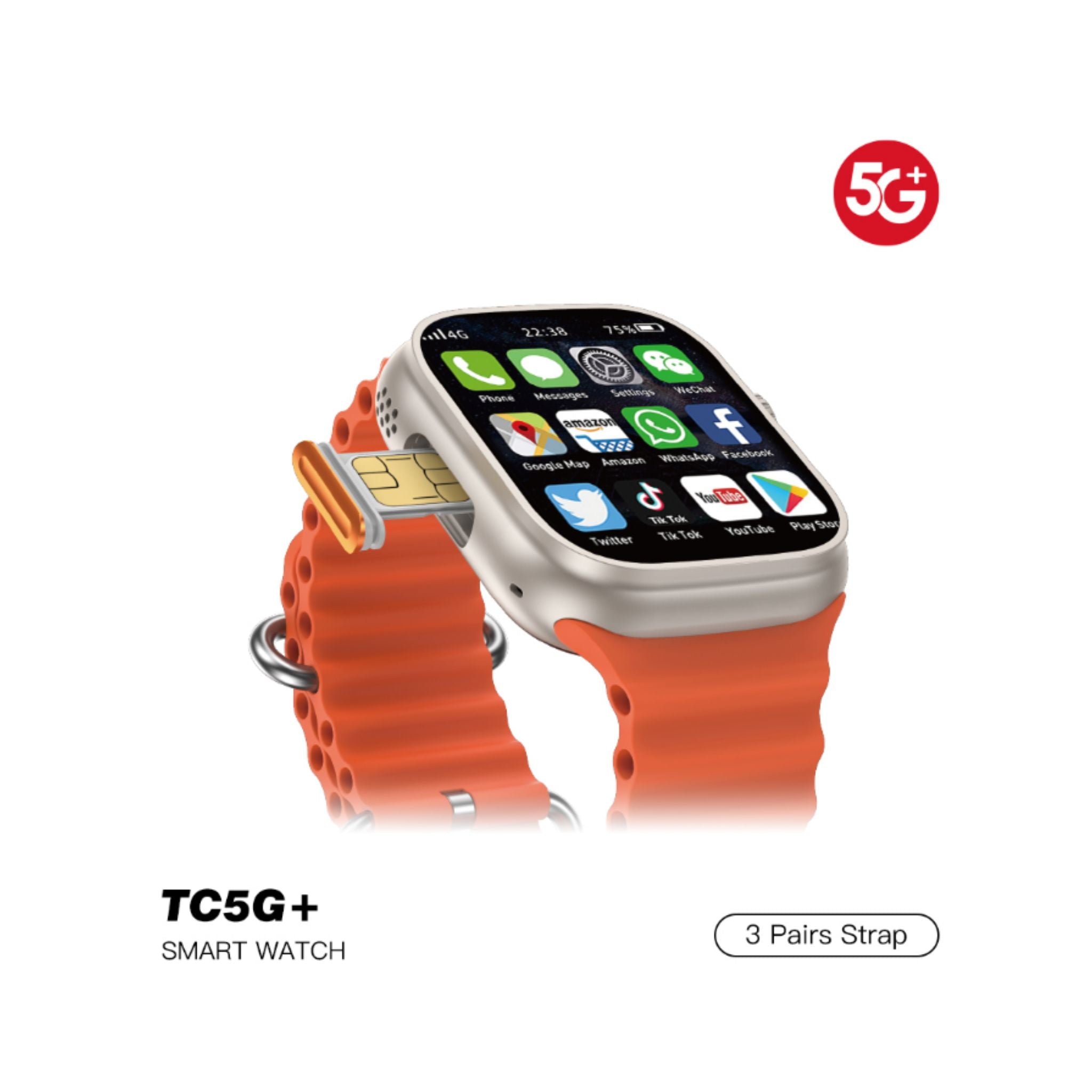 Smart watch with orange strap and 5G+ logo on a white background