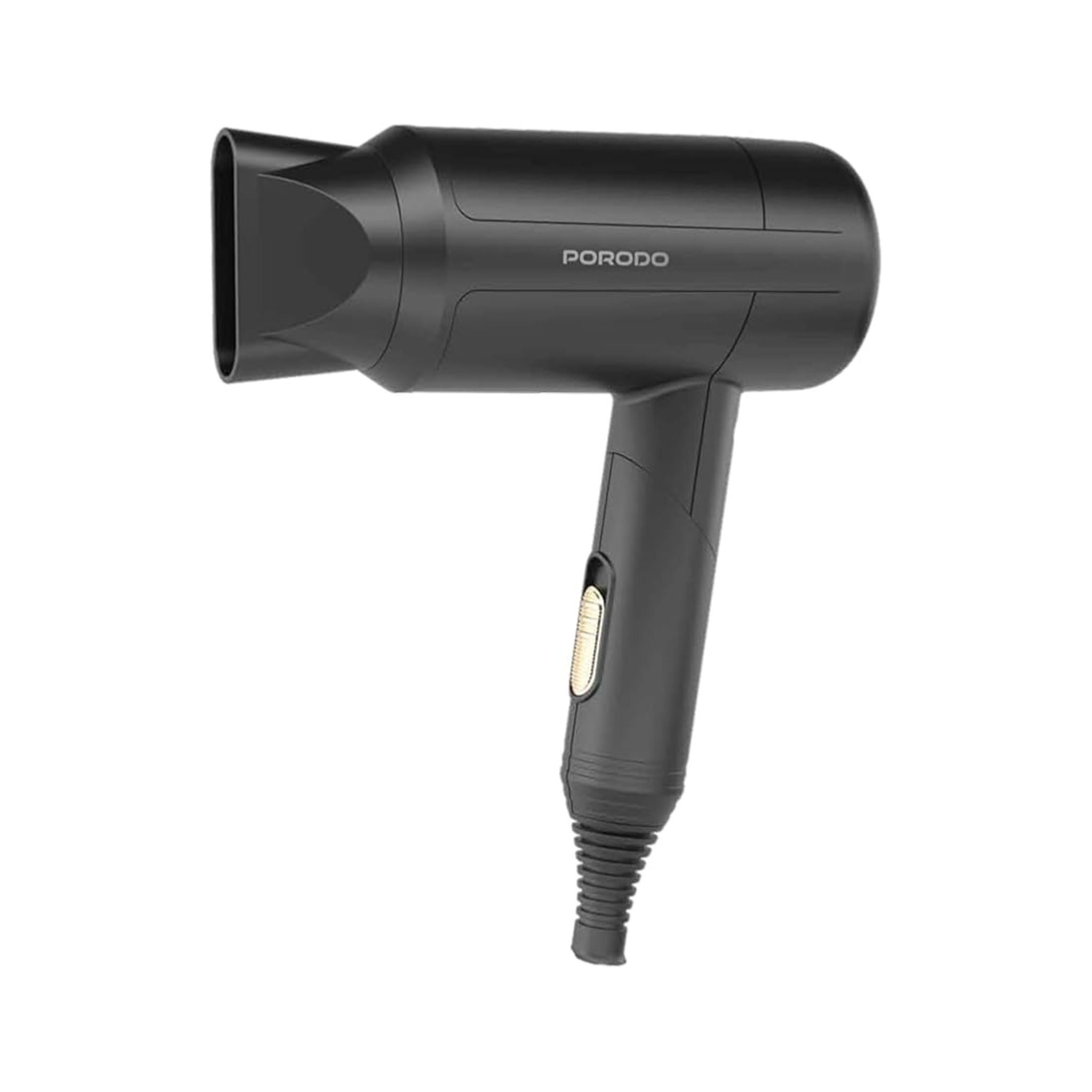 A black Porodo foldable hair dryer with a 1.8M cable.