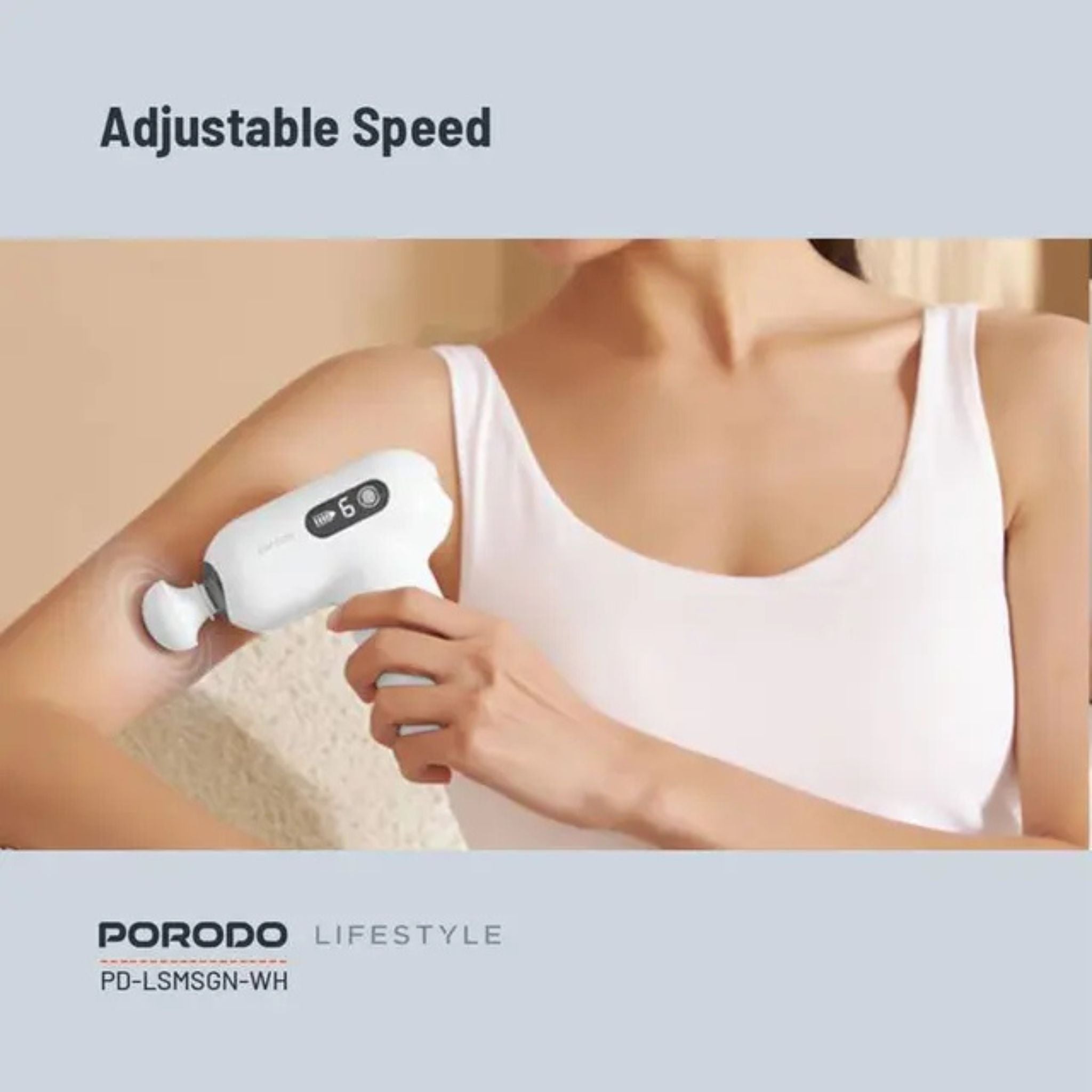 Porodo Lifestyle Active Precision Massager, Portable & Lightweight, Digital Touch Display, 6 Adjustable Speed, Low Noise Design, 4 Hours Working Time, 6mm Massage Stroke - White