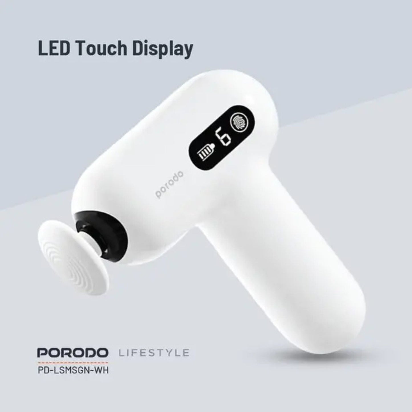 Porodo Lifestyle Active Precision Massager, Portable & Lightweight, Digital Touch Display, 6 Adjustable Speed, Low Noise Design, 4 Hours Working Time, 6mm Massage Stroke - White