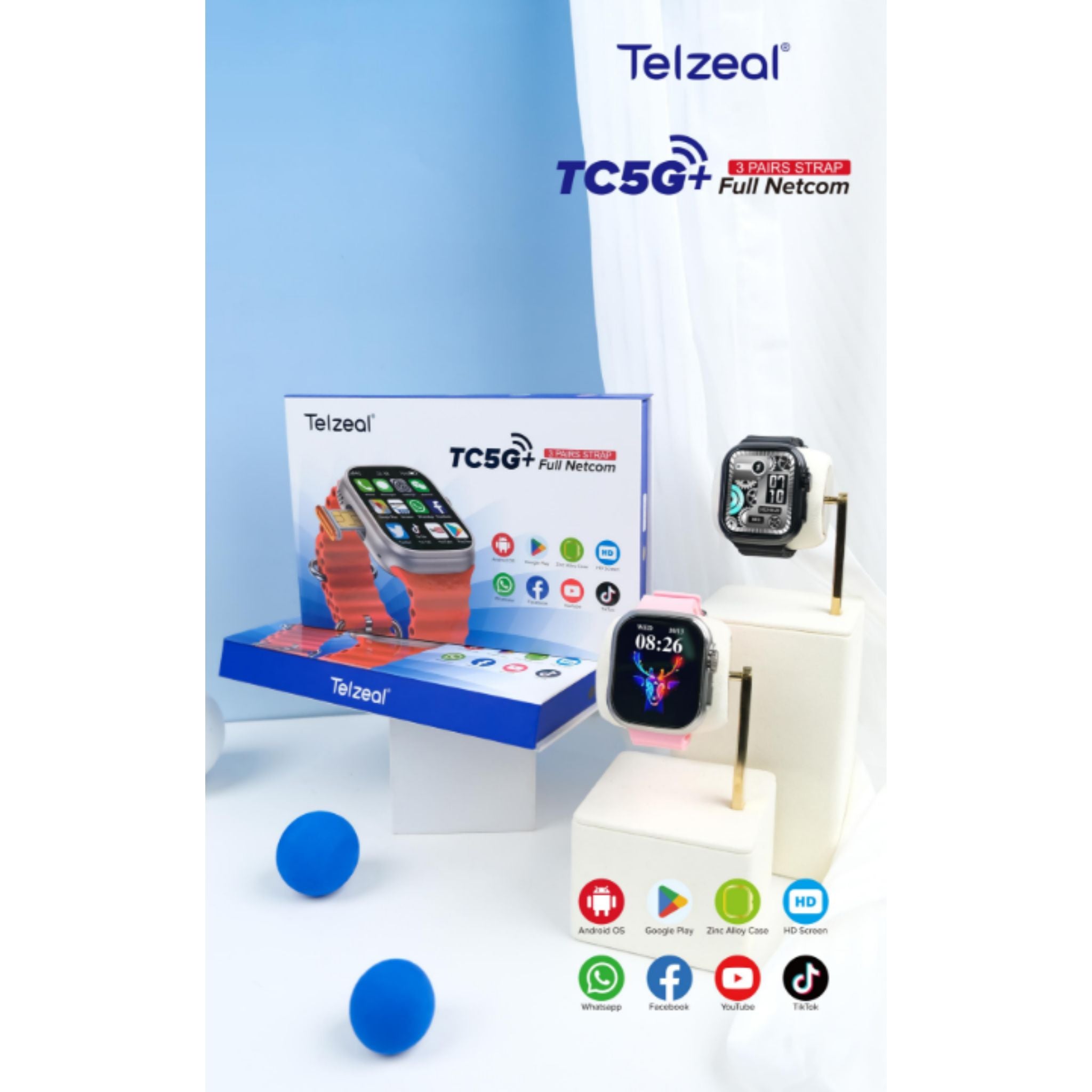 Telzeal Germany TC5G+ 2.2 Inch Full Screen Display Smart Watch With Sim Slot 3 Pair Straps and Wireless Charger For Ladies and Gents