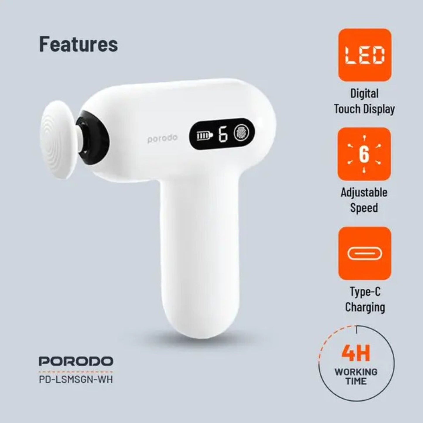 Porodo Lifestyle Active Precision Massager, Portable & Lightweight, Digital Touch Display, 6 Adjustable Speed, Low Noise Design, 4 Hours Working Time, 6mm Massage Stroke - White