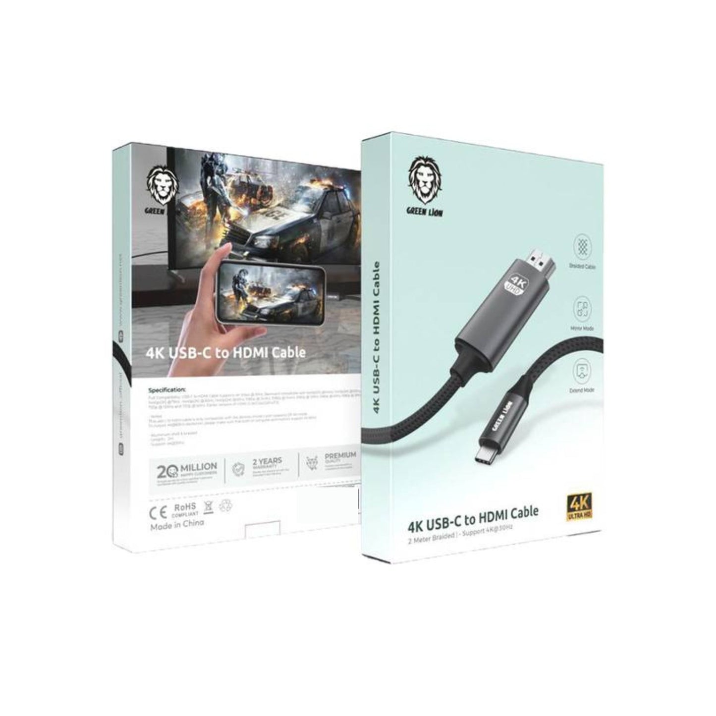 Green Lion 4K USB-C to HDMI Cable with 4K@30Hz Resolution Support, Braided Design, 2m in Length, Mirror Mode & Extend Mode - Black