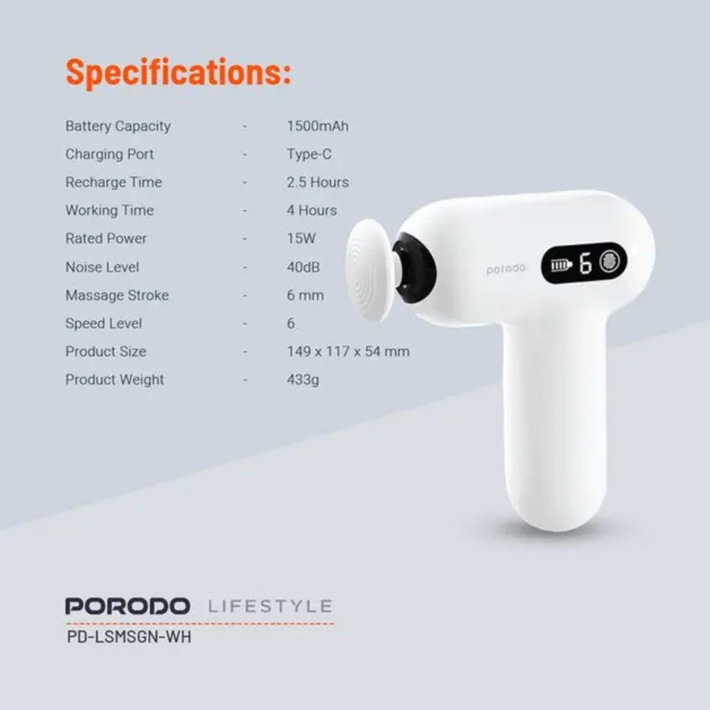Porodo Lifestyle Active Precision Massager, Portable & Lightweight, Digital Touch Display, 6 Adjustable Speed, Low Noise Design, 4 Hours Working Time, 6mm Massage Stroke - White