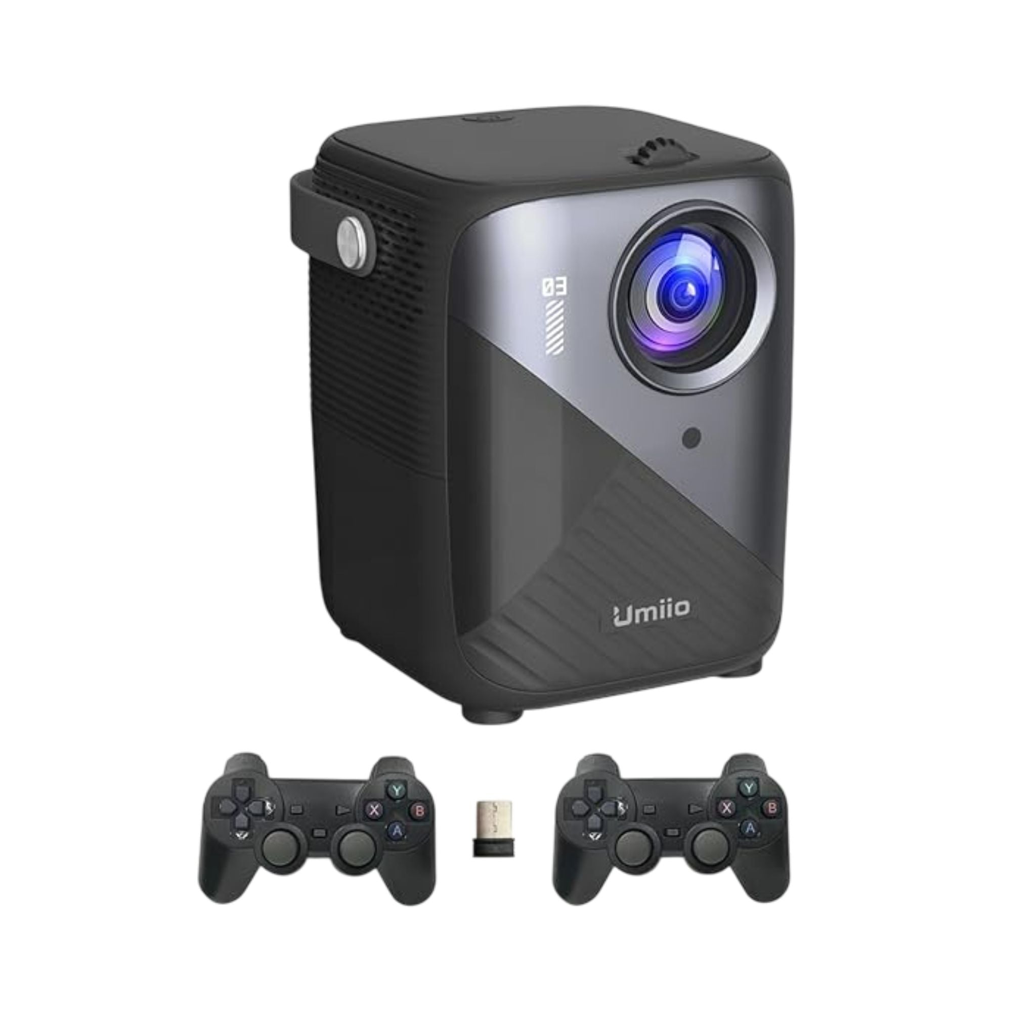 Black portable projector with two remote controls and a USB flash drive on a white background