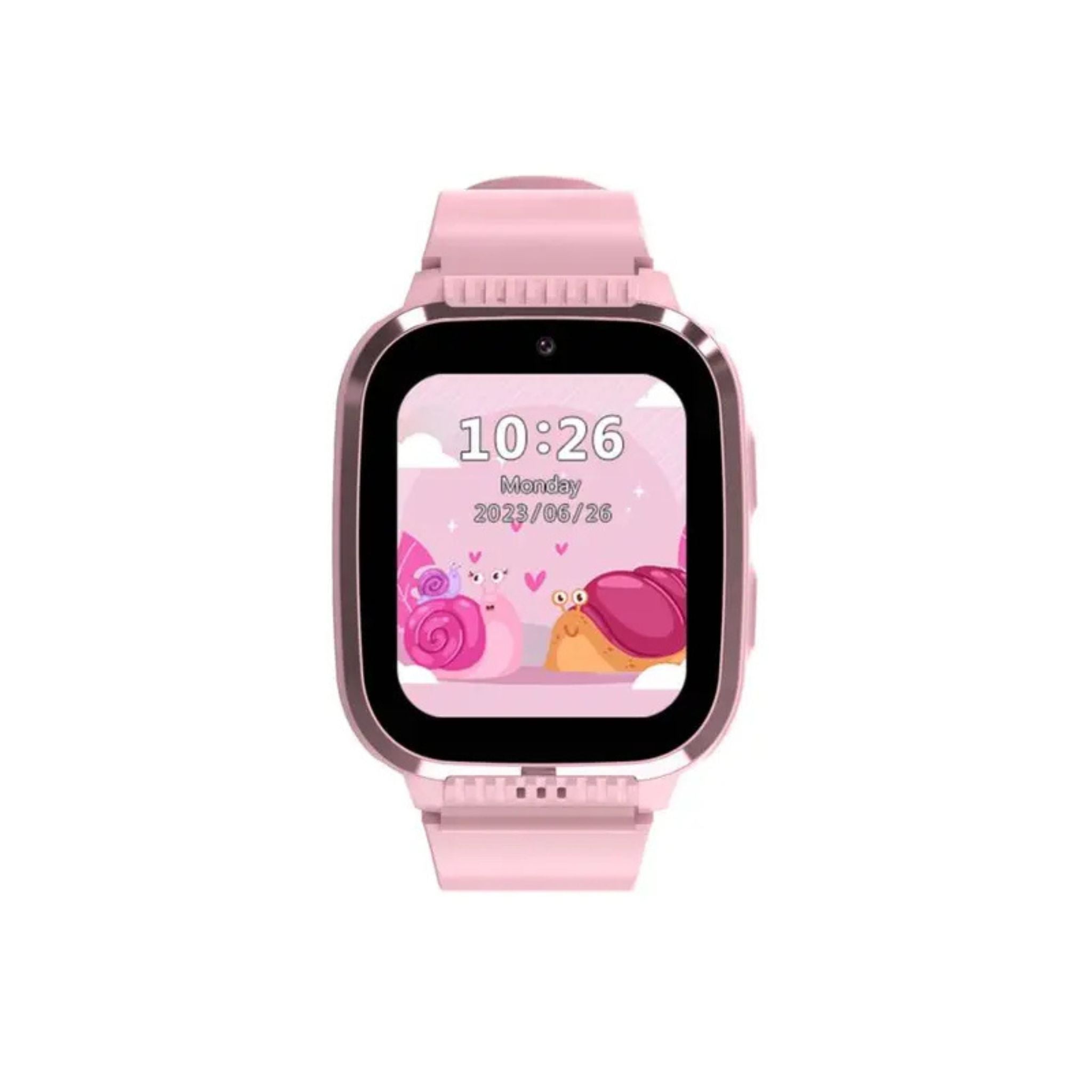 A Pink Porodo 4G Kids GPS smart watch with a silicone band and a digital display showing the time and date.